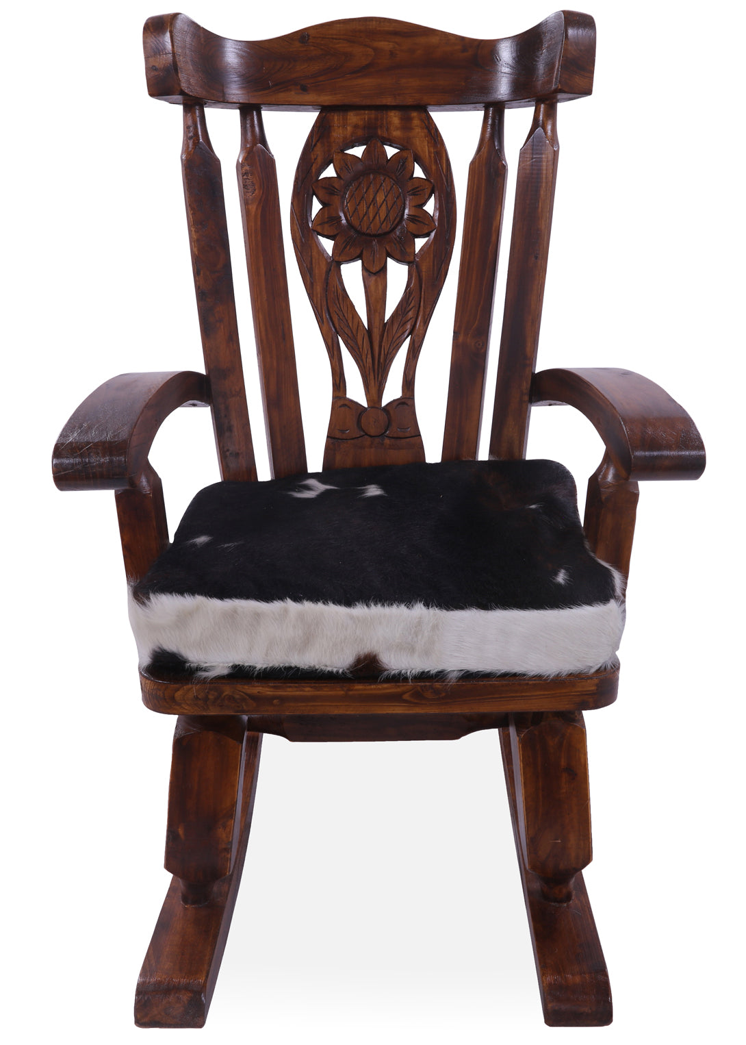 Wooden Rocking Chair Handcarved Back Sunflower Removable Hair-On Cowhide Pillow - Golden Nile