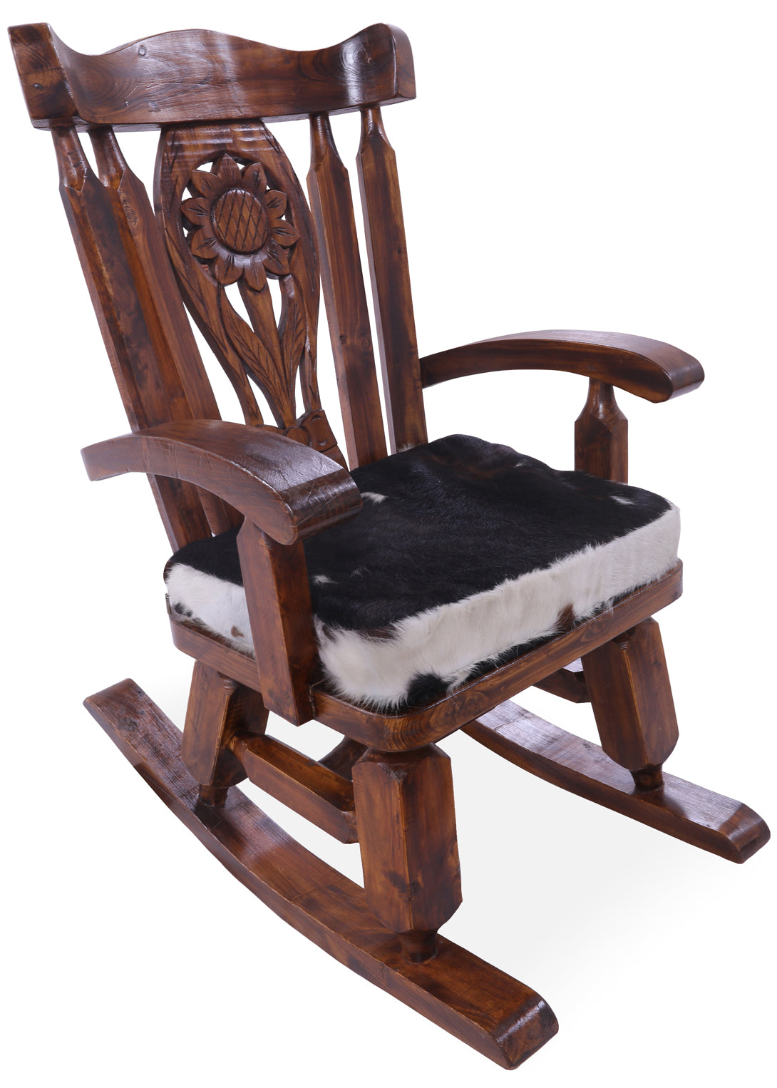 Wooden Rocking Chair Handcarved Back Sunflower Removable Hair-On Cowhide Pillow - Golden Nile