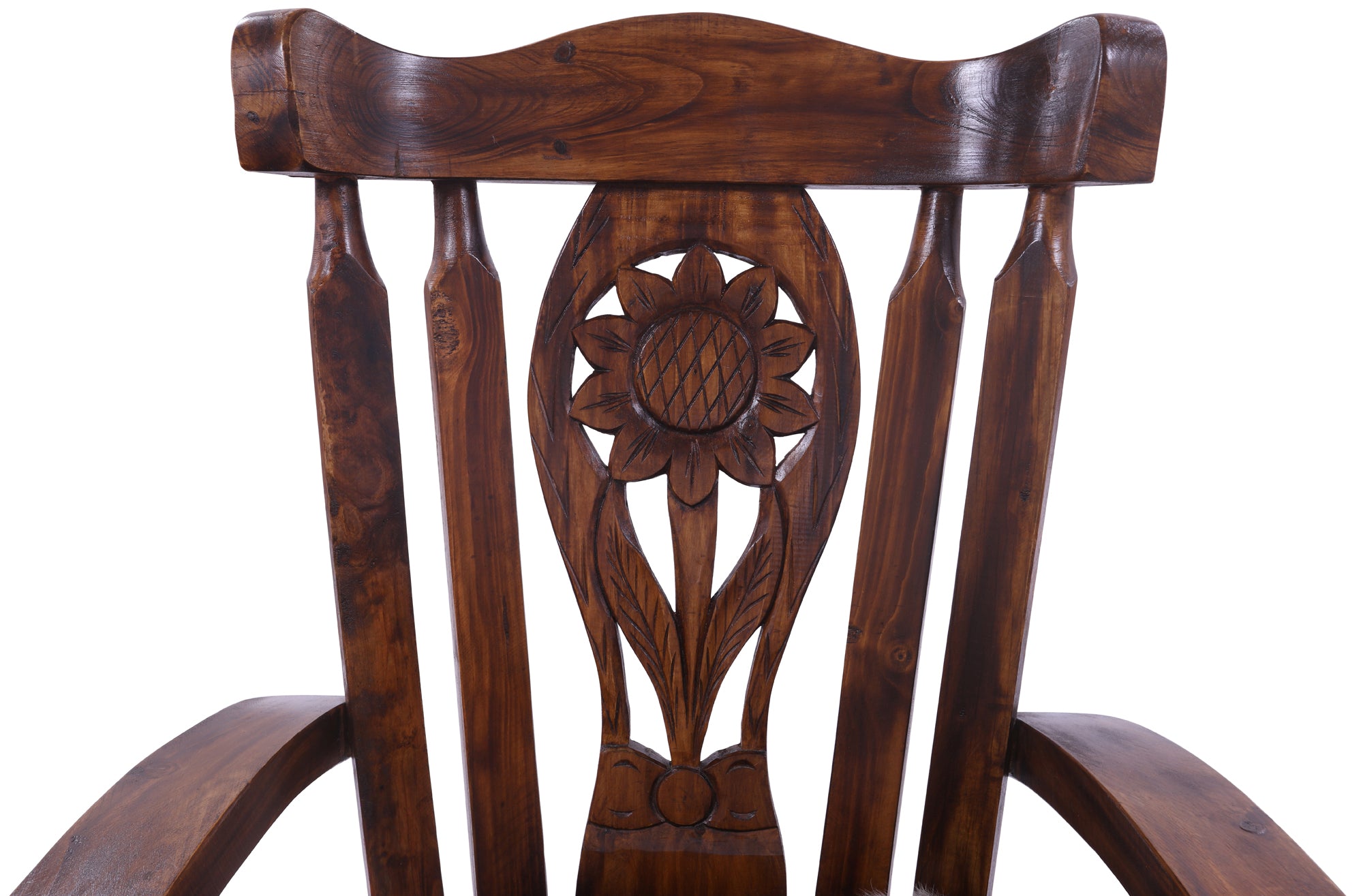 Wooden Rocking Chair Handcarved Back Sunflower Removable Hair-On Cowhide Pillow - Golden Nile