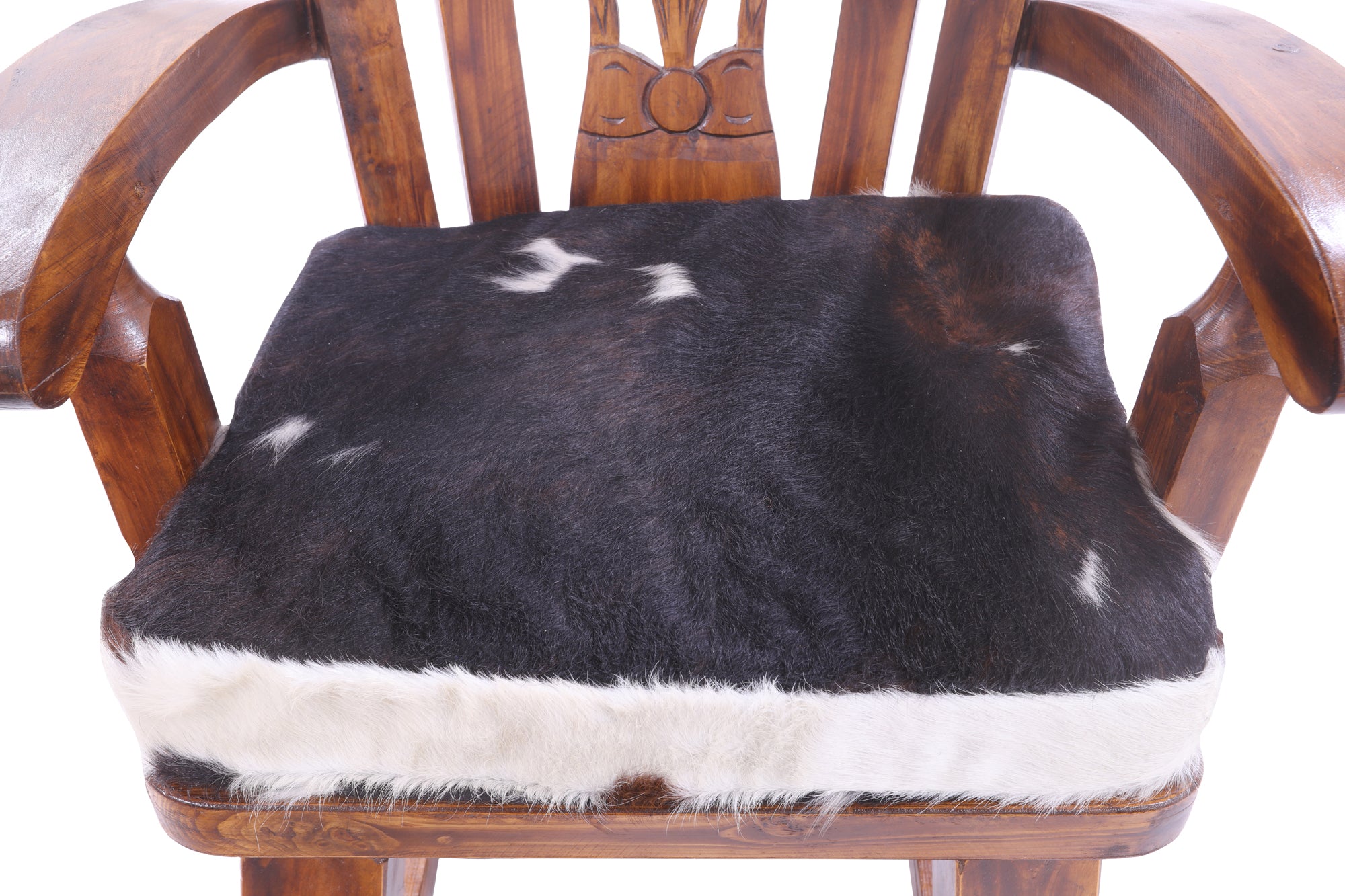 Wooden Rocking Chair Handcarved Back Sunflower Removable Hair-On Cowhide Pillow - Golden Nile