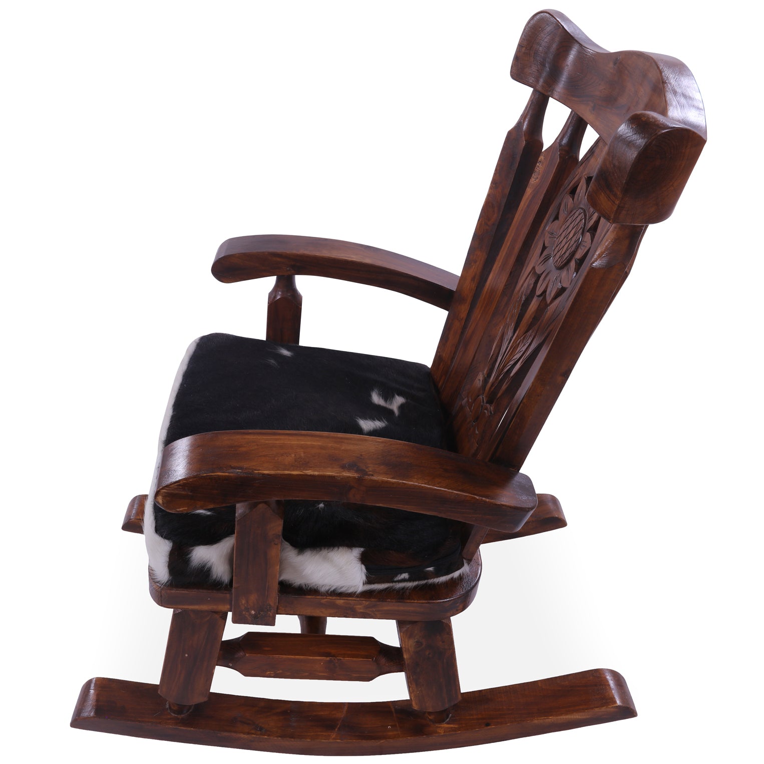 Wooden Rocking Chair Handcarved Back Sunflower Removable Hair-On Cowhide Pillow - Golden Nile