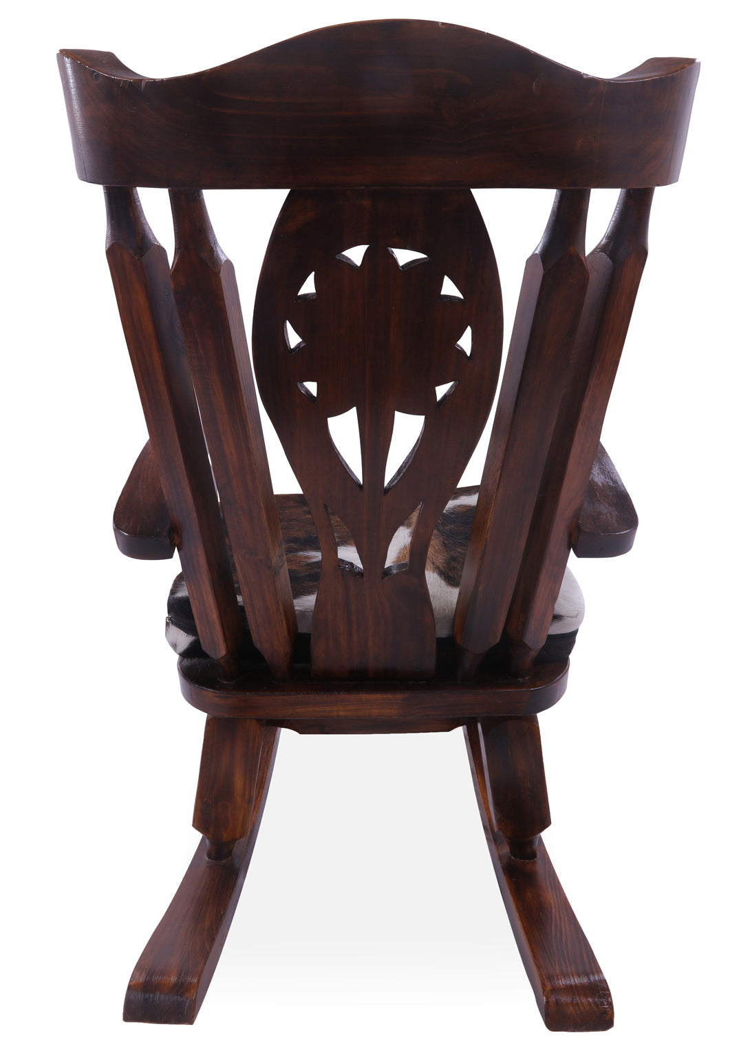 Wooden Rocking Chair Handcarved Back Sunflower Removable Hair-On Cowhide Pillow - Golden Nile