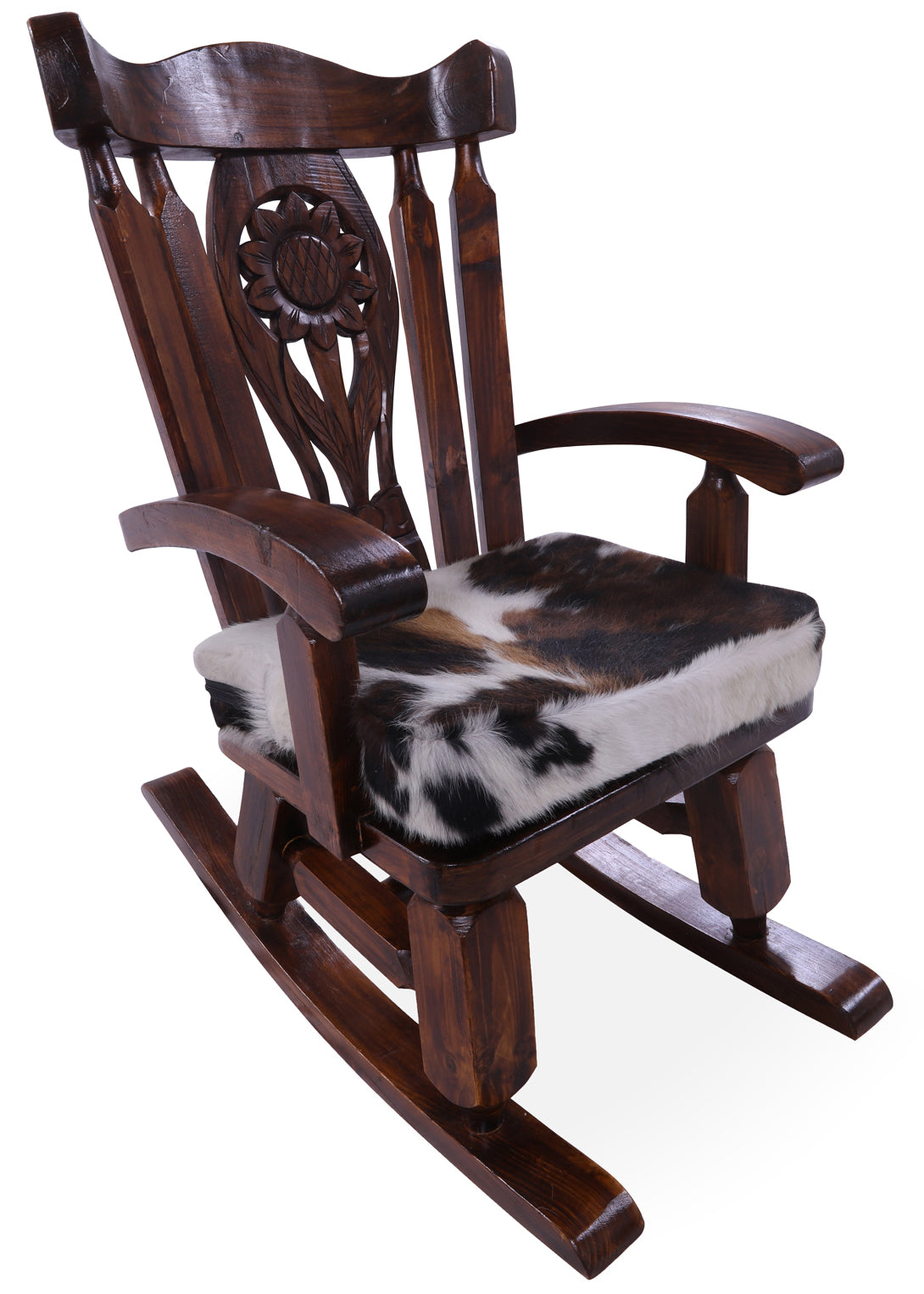 Wooden Rocking Chair Handcarved Back Sunflower Removable Hair-On Cowhide Pillow - Golden Nile