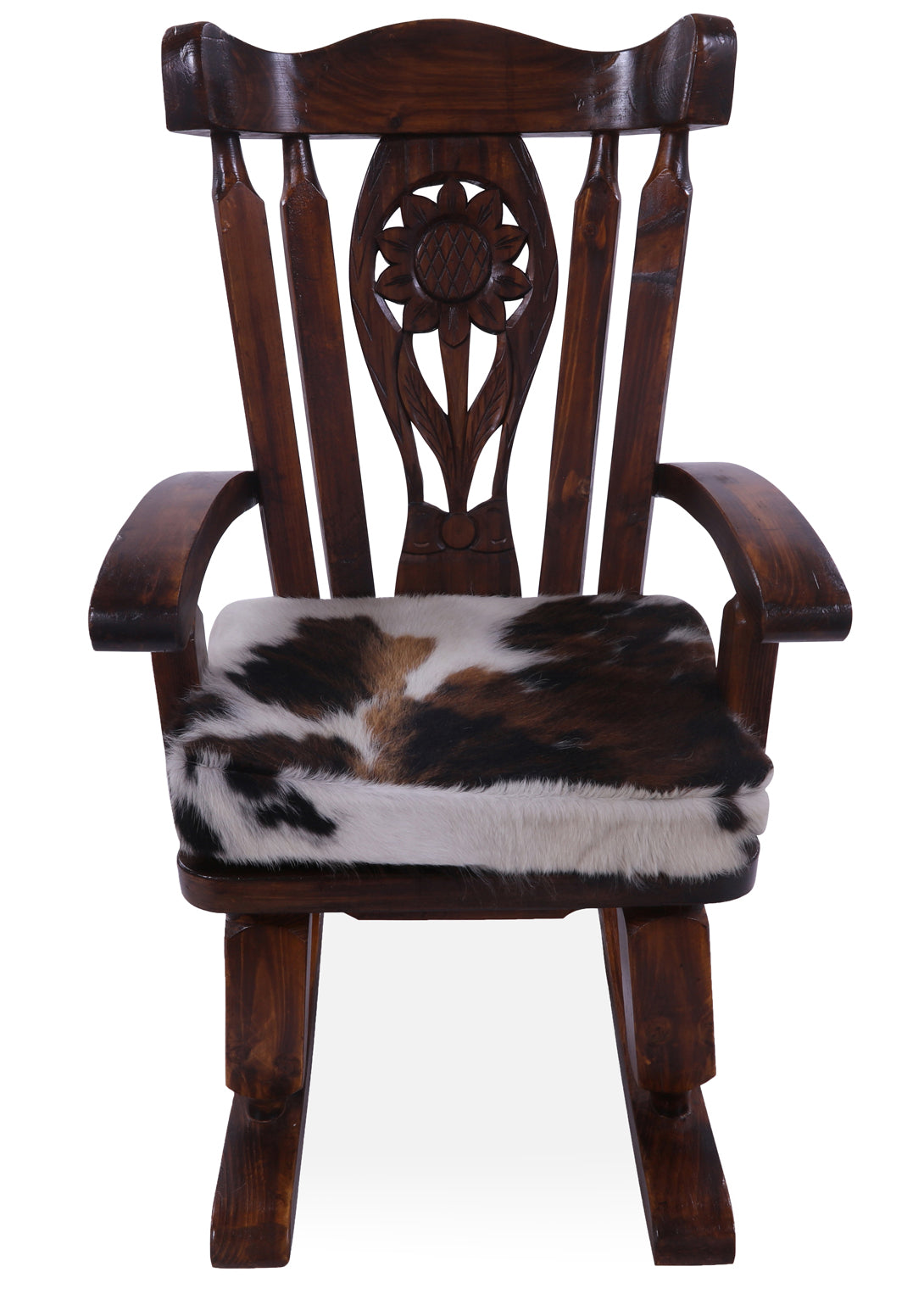 Wooden Rocking Chair Handcarved Back Sunflower Removable Hair-On Cowhide Pillow - Golden Nile