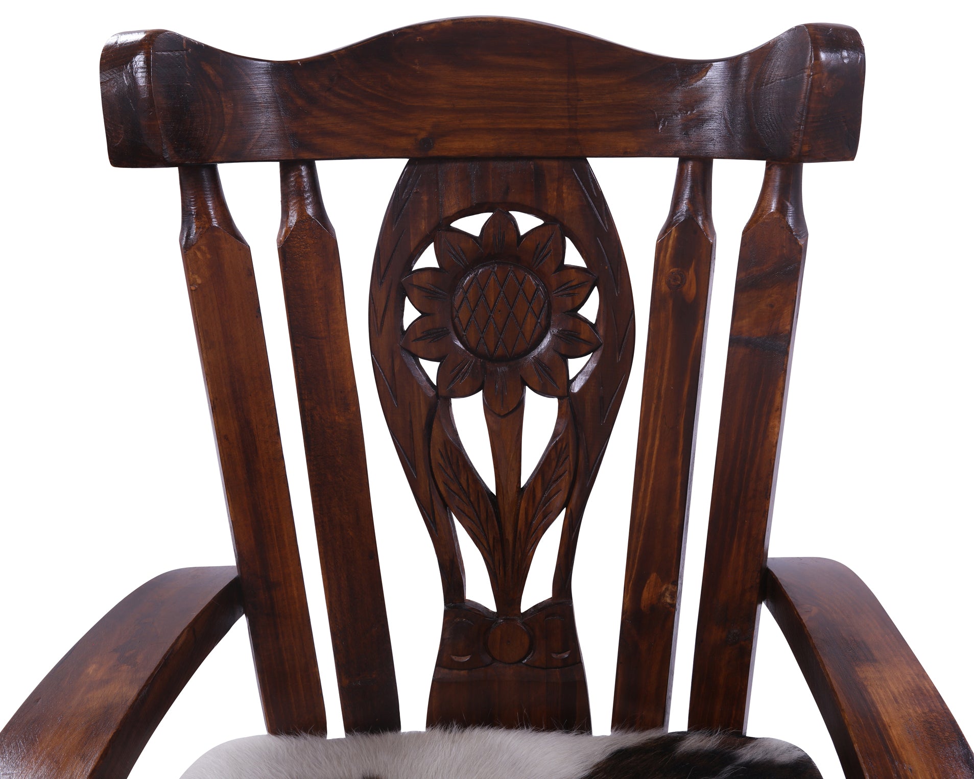 Wooden Rocking Chair Handcarved Back Sunflower Removable Hair-On Cowhide Pillow - Golden Nile
