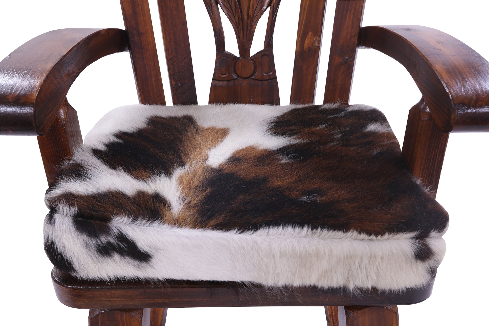 Wooden Rocking Chair Handcarved Back Sunflower Removable Hair-On Cowhide Pillow - Golden Nile