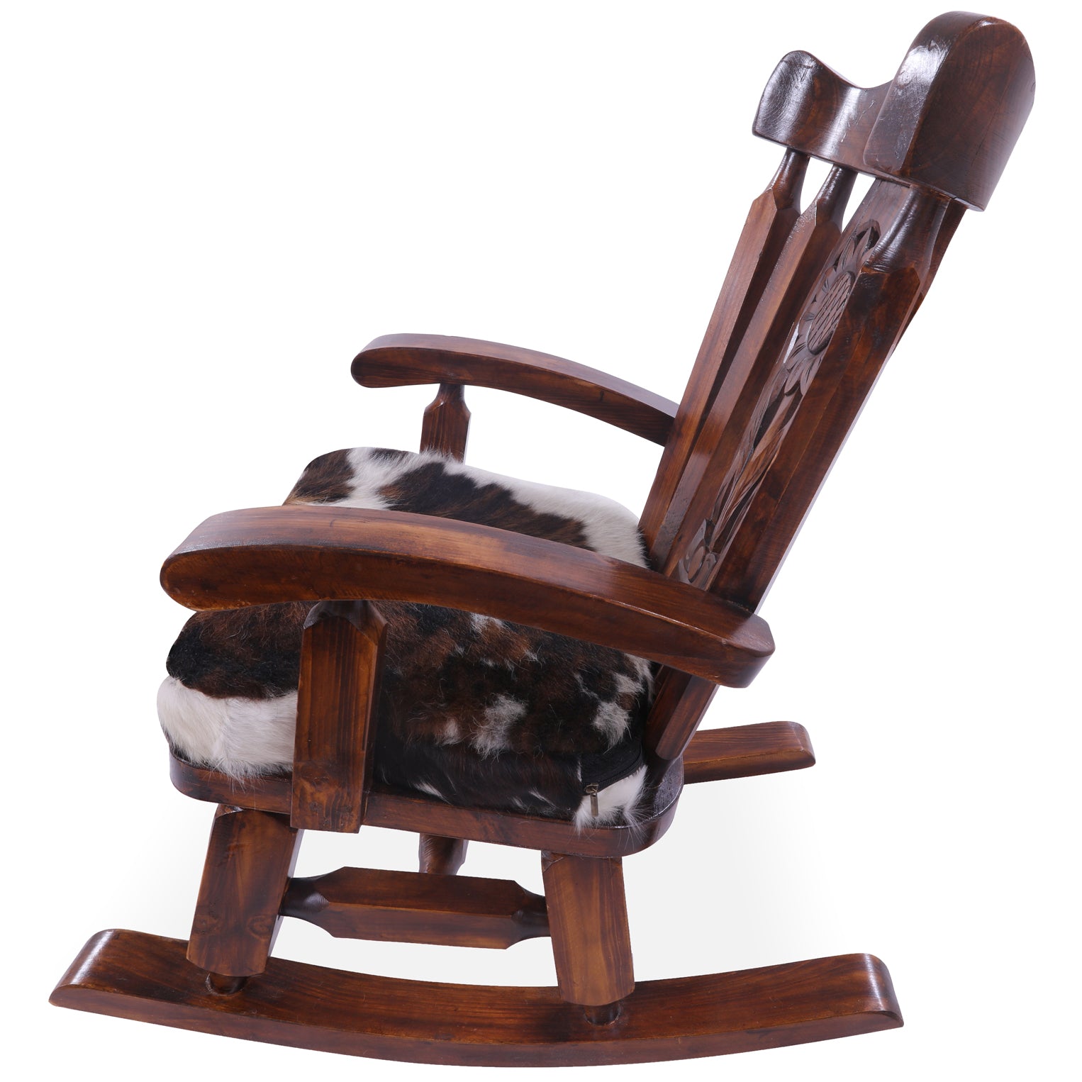 Wooden Rocking Chair Handcarved Back Sunflower Removable Hair-On Cowhide Pillow - Golden Nile