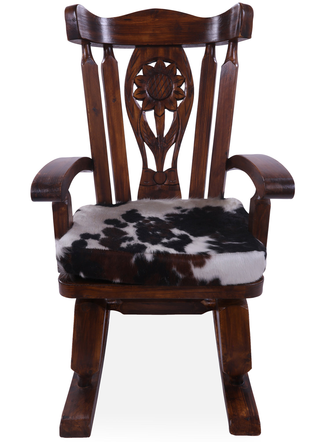 Wooden Rocking Chair Handcarved Back Sunflower Removable Hair-On Cowhide Pillow - Golden Nile