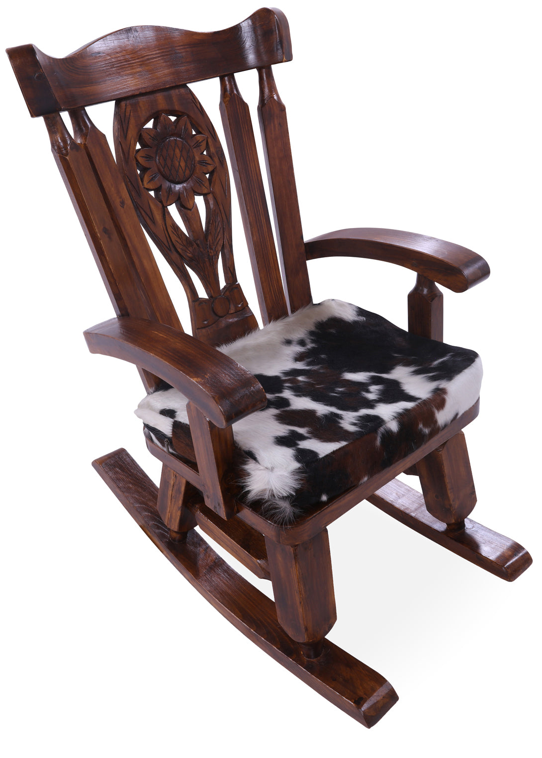 Wooden Rocking Chair Handcarved Back Sunflower Removable Hair-On Cowhide Pillow - Golden Nile