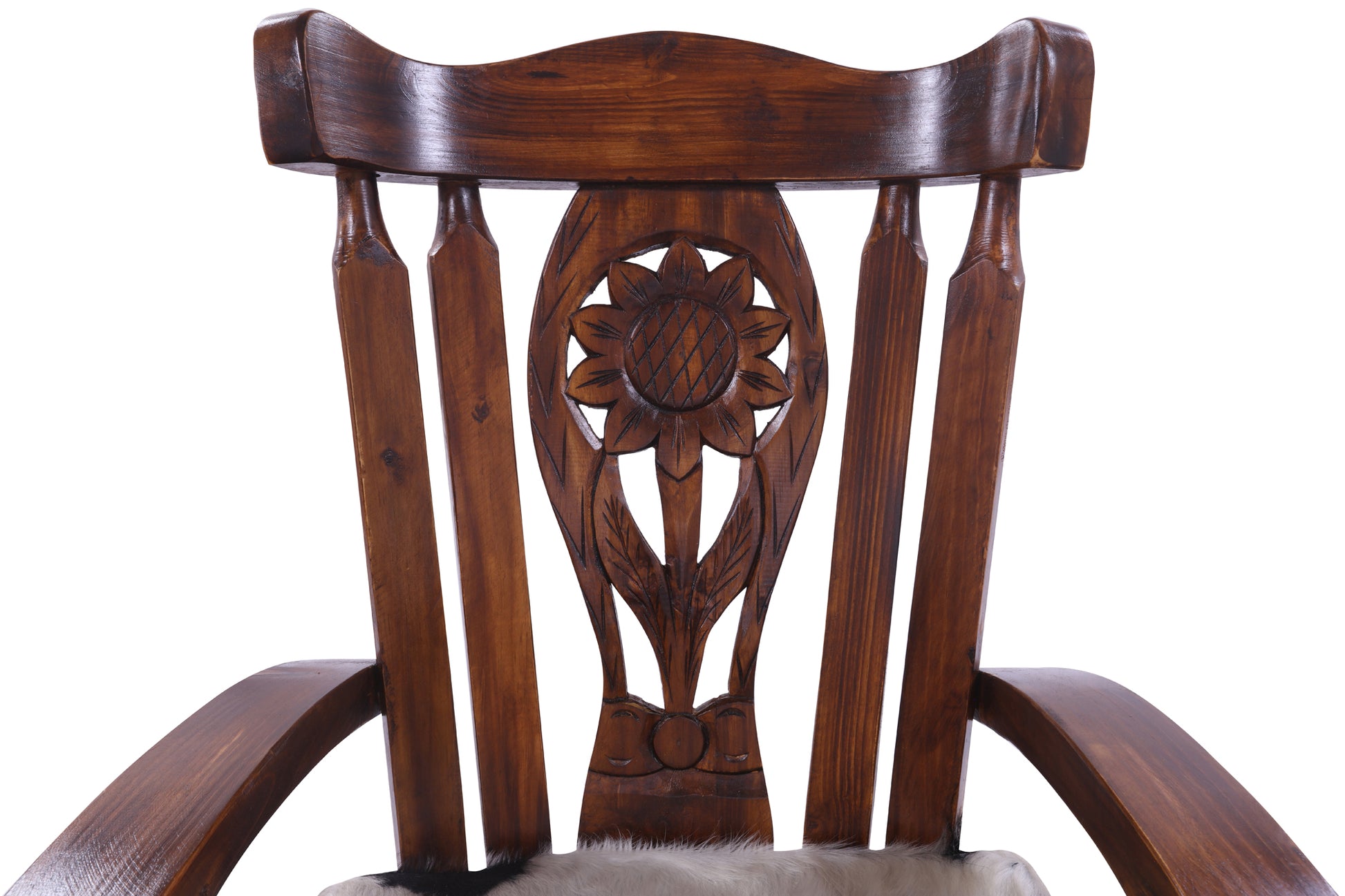 Wooden Rocking Chair Handcarved Back Sunflower Removable Hair-On Cowhide Pillow - Golden Nile