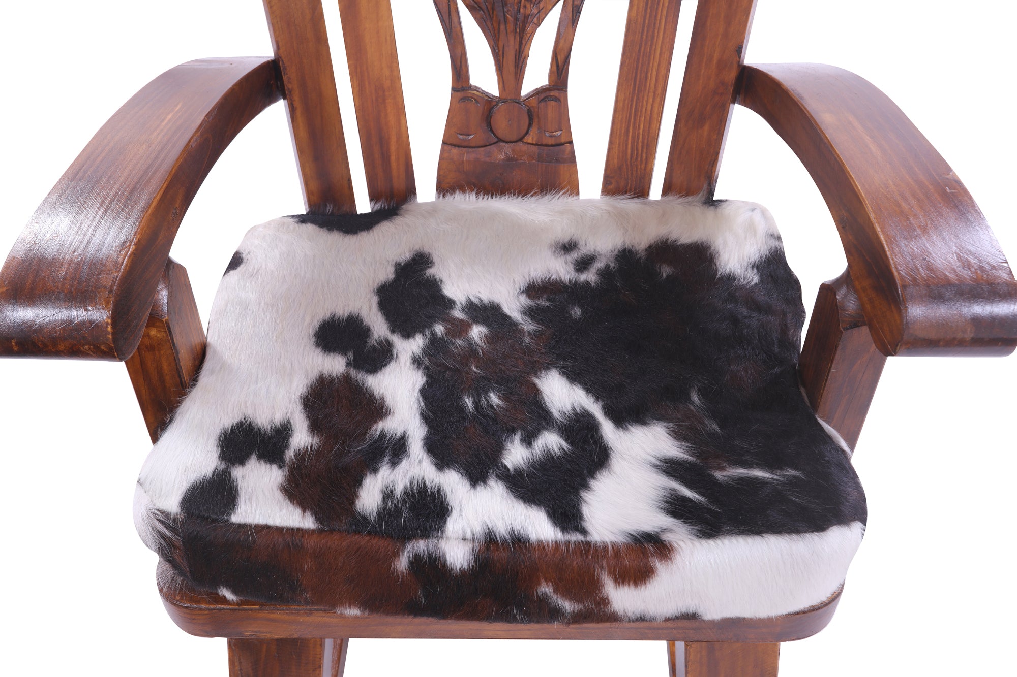 Wooden Rocking Chair Handcarved Back Sunflower Removable Hair-On Cowhide Pillow - Golden Nile