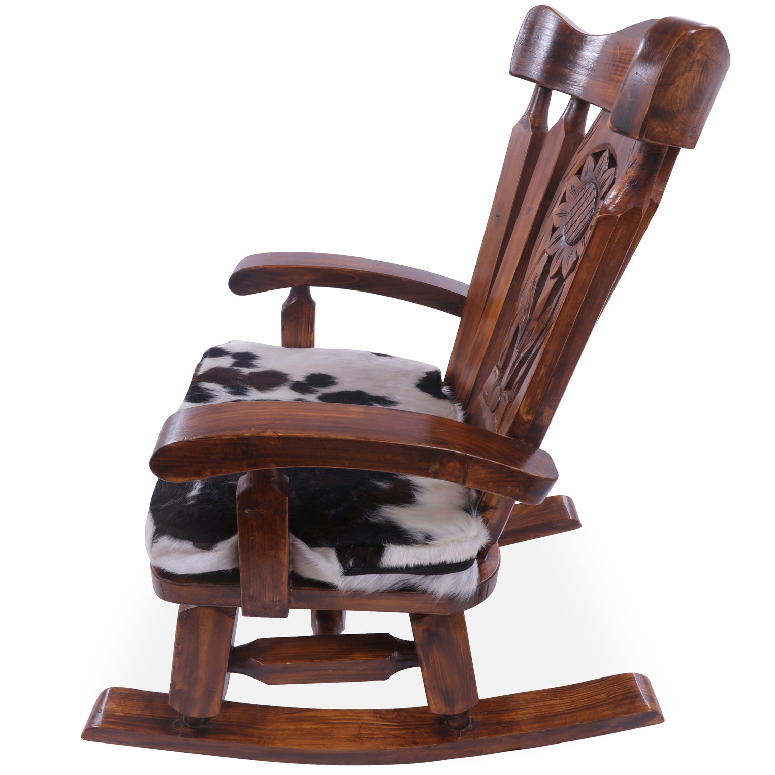 Wooden Rocking Chair Handcarved Back Sunflower Removable Hair-On Cowhide Pillow - Golden Nile