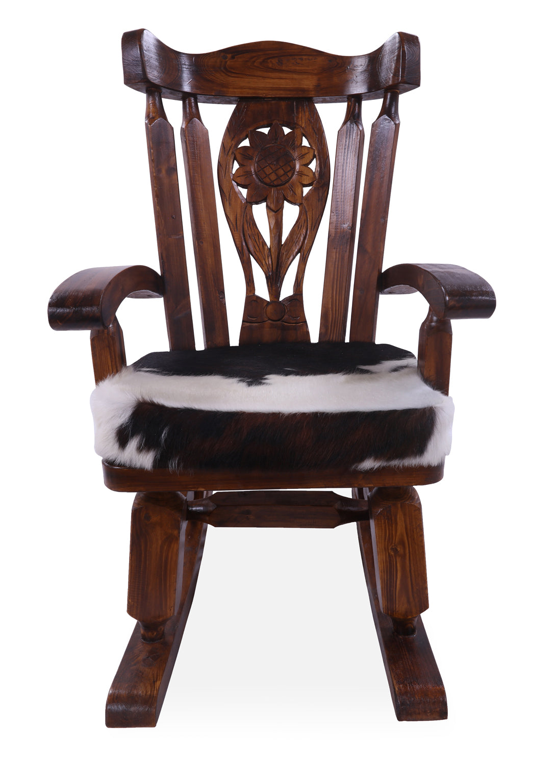 Wooden Rocking Chair Handcarved Back Sunflower Removable Hair-On Cowhide Pillow - Golden Nile