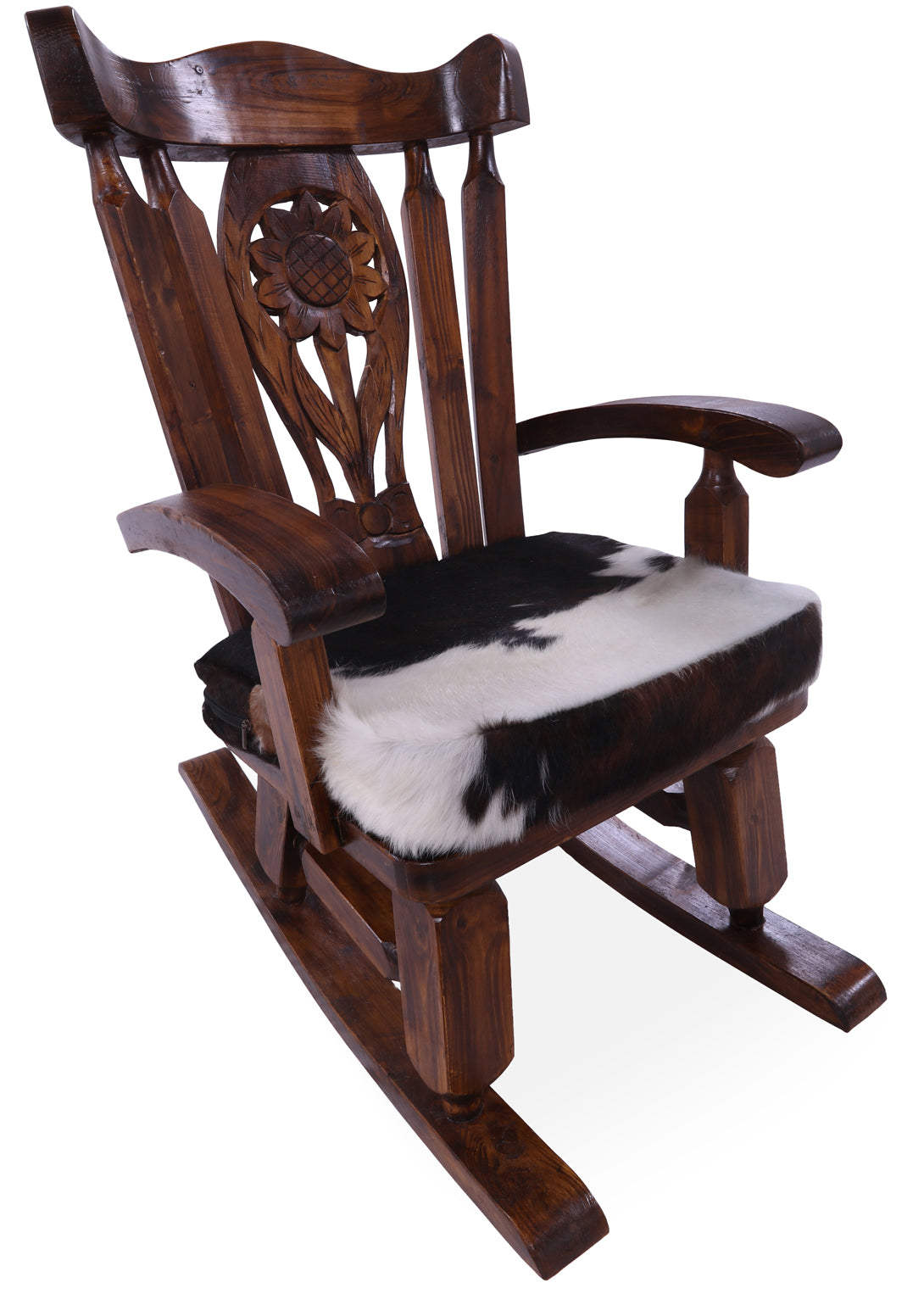 Wooden Rocking Chair Handcarved Back Sunflower Removable Hair-On Cowhide Pillow - Golden Nile