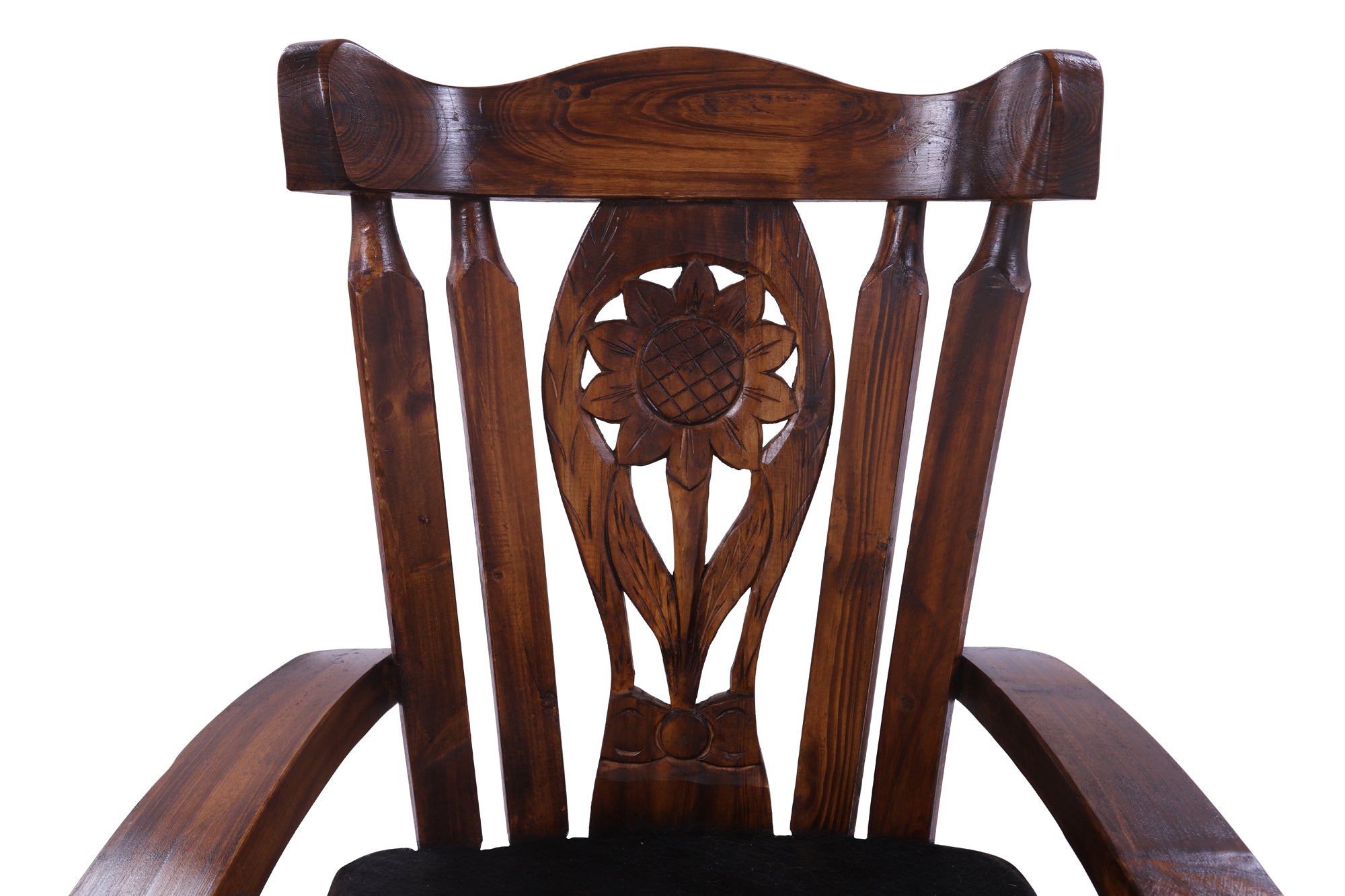 Wooden Rocking Chair Handcarved Back Sunflower Removable Hair-On Cowhide Pillow - Golden Nile