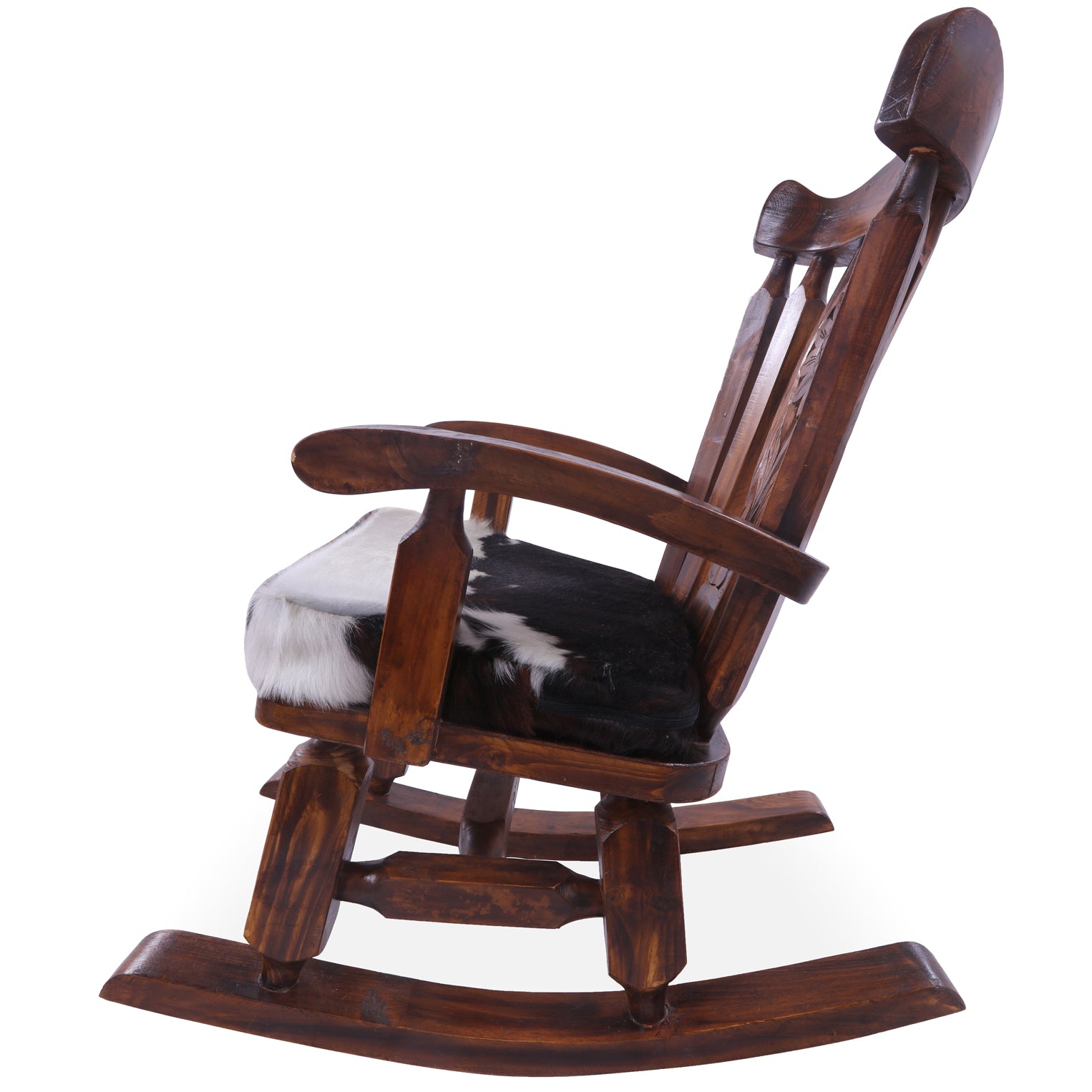 Wooden Rocking Chair Handcarved Back Sunflower Removable Hair-On Cowhide Pillow - Golden Nile