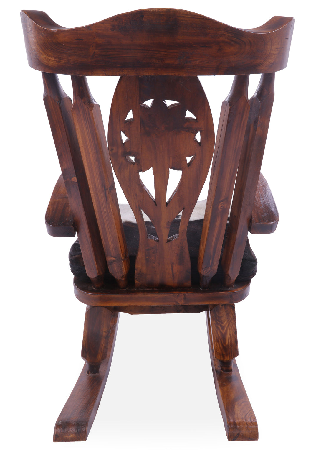 Wooden Rocking Chair Handcarved Back Sunflower Removable Hair-On Cowhide Pillow - Golden Nile