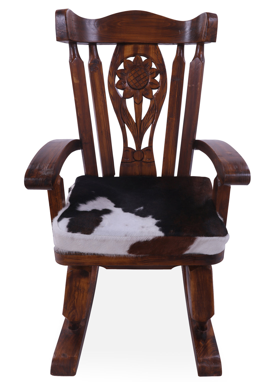 Wooden Rocking Chair Handcarved Back Sunflower Removable Hair-On Cowhide Pillow - Golden Nile
