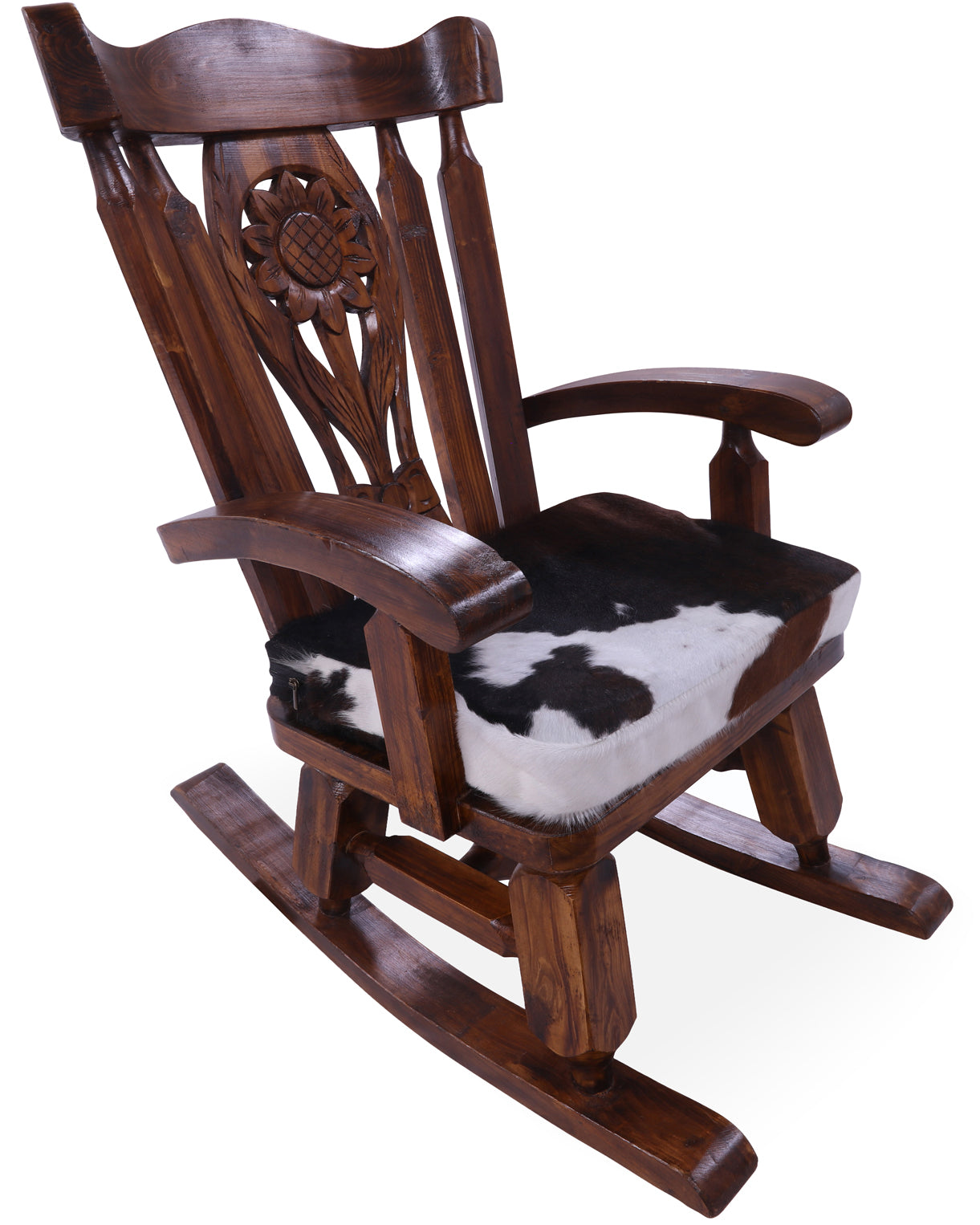 Wooden Rocking Chair Handcarved Back Sunflower Removable Hair-On Cowhide Pillow - Golden Nile