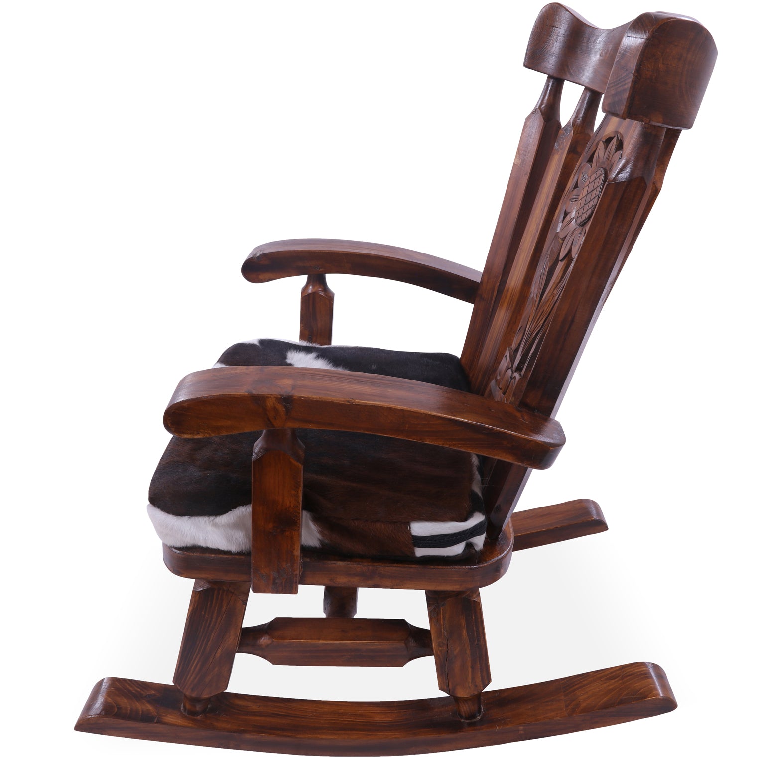 Wooden Rocking Chair Handcarved Back Sunflower Removable Hair-On Cowhide Pillow - Golden Nile