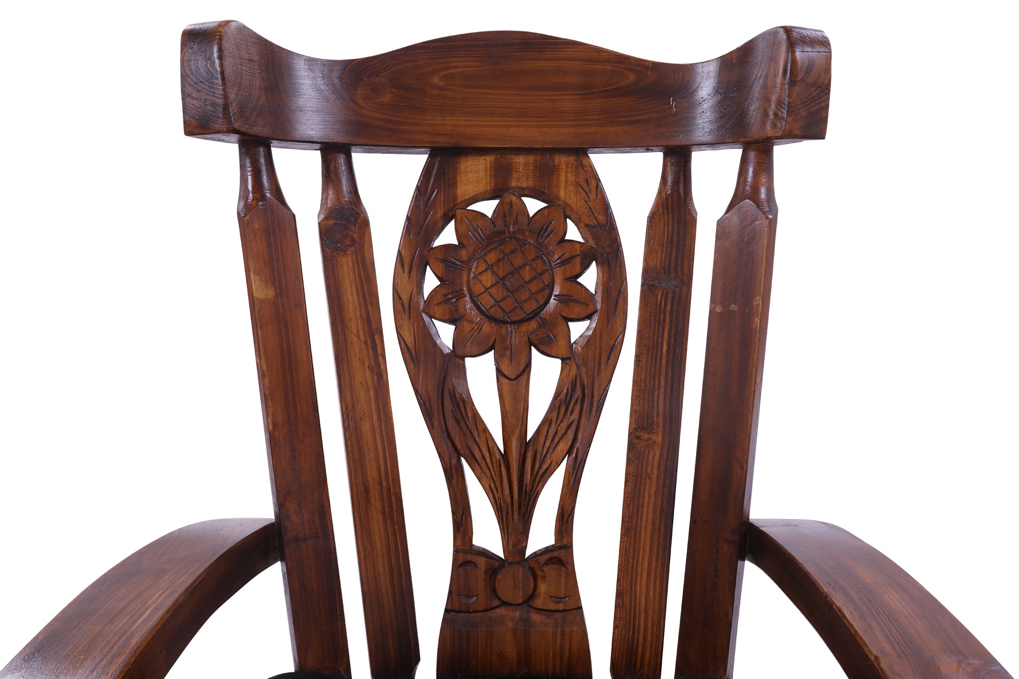Wooden Rocking Chair Handcarved Back Sunflower Removable Hair-On Cowhide Pillow - Golden Nile