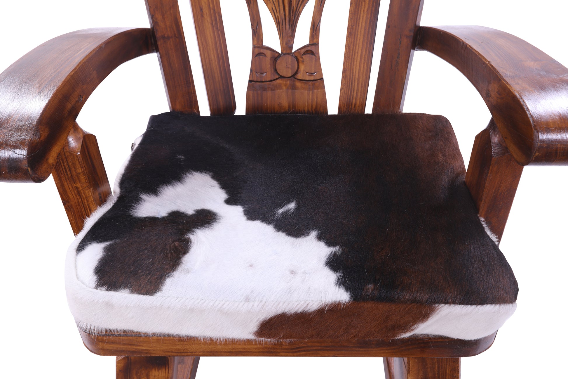 Wooden Rocking Chair Handcarved Back Sunflower Removable Hair-On Cowhide Pillow - Golden Nile