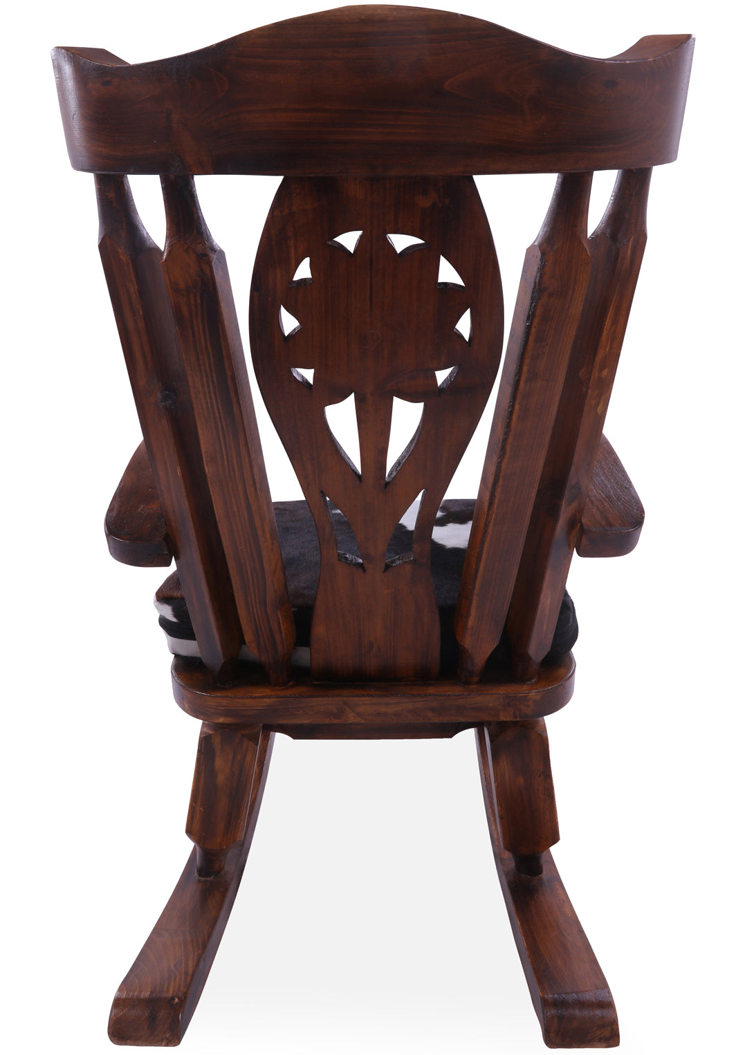 Wooden Rocking Chair Handcarved Back Sunflower Removable Hair-On Cowhide Pillow - Golden Nile