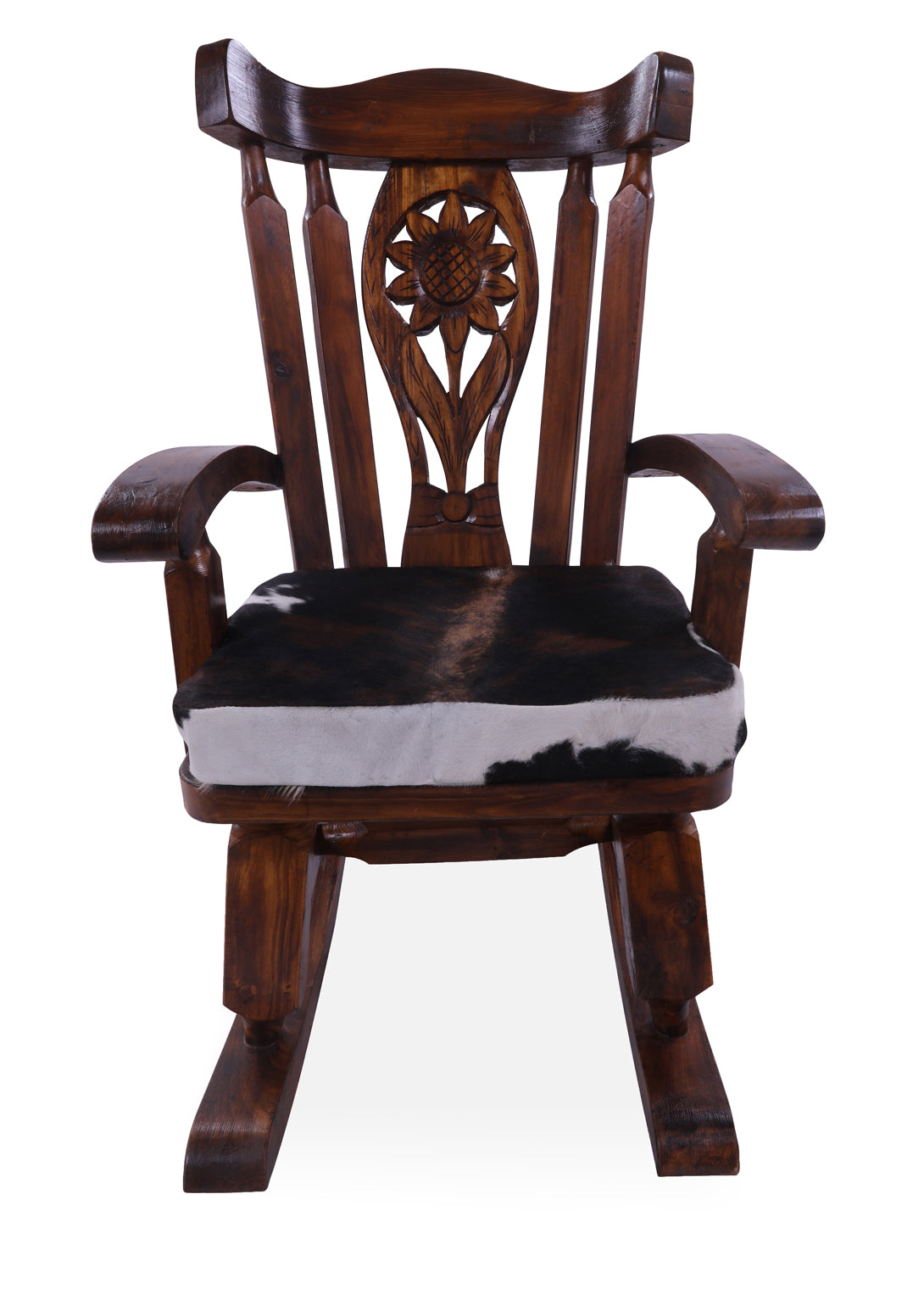 Wooden Rocking Chair Handcarved Back Sunflower Removable Hair-On Cowhide Pillow - Golden Nile