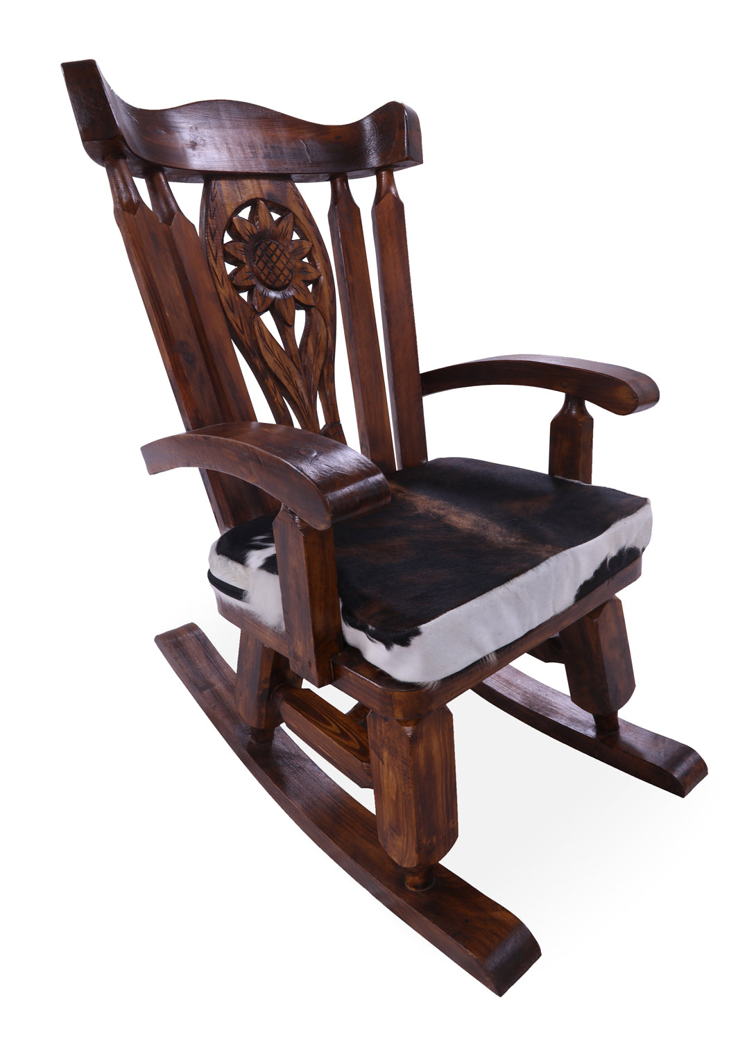 Wooden Rocking Chair Handcarved Back Sunflower Removable Hair-On Cowhide Pillow - Golden Nile