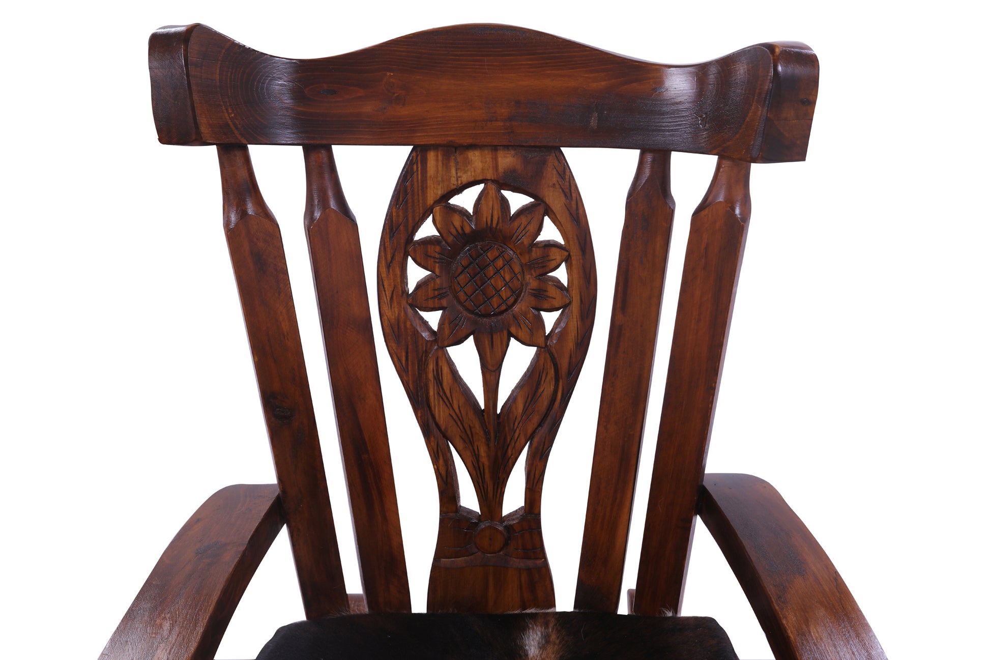 Wooden Rocking Chair Handcarved Back Sunflower Removable Hair-On Cowhide Pillow - Golden Nile