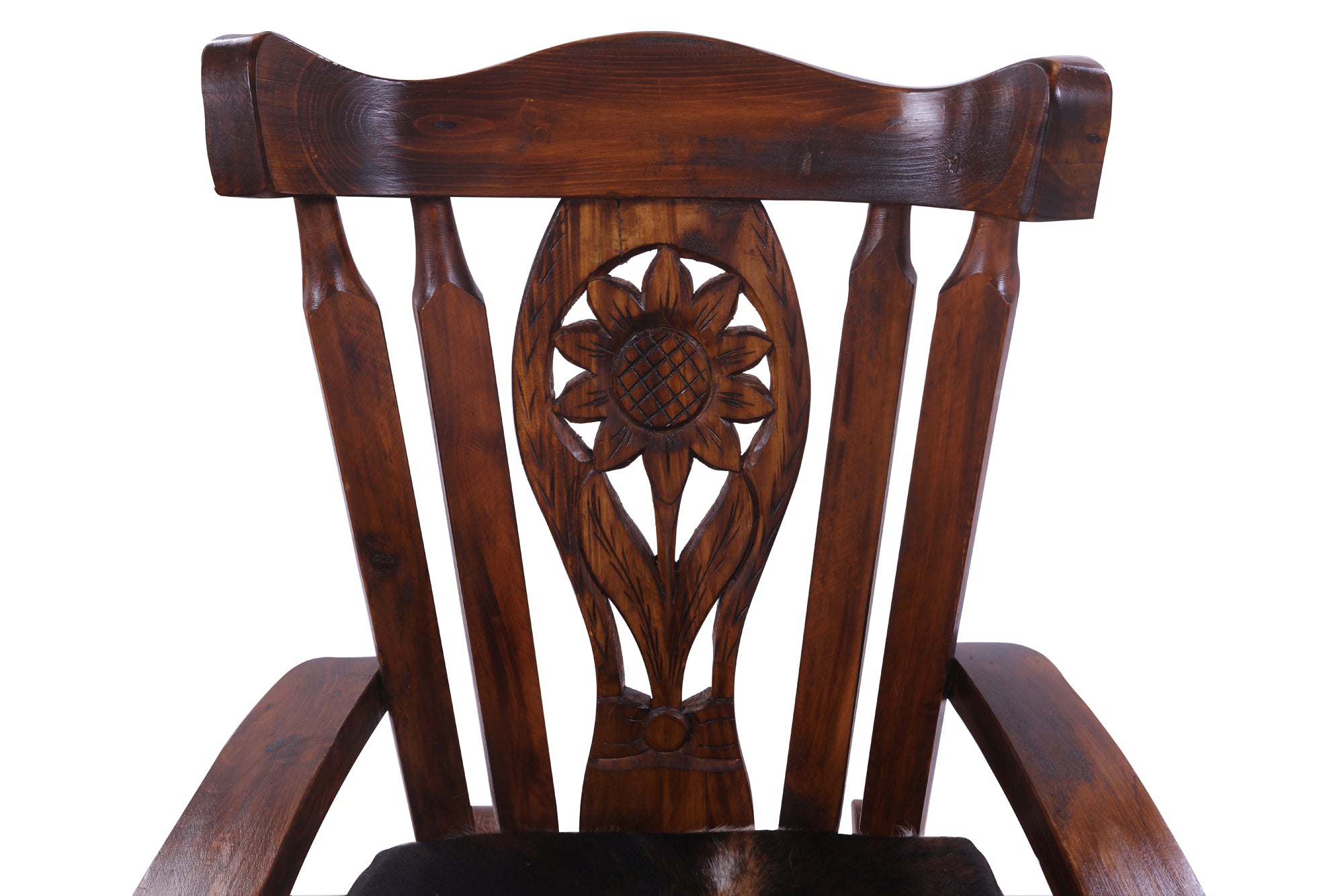Wooden Rocking Chair Handcarved Back Sunflower Removable Hair-On Cowhide Pillow - Golden Nile