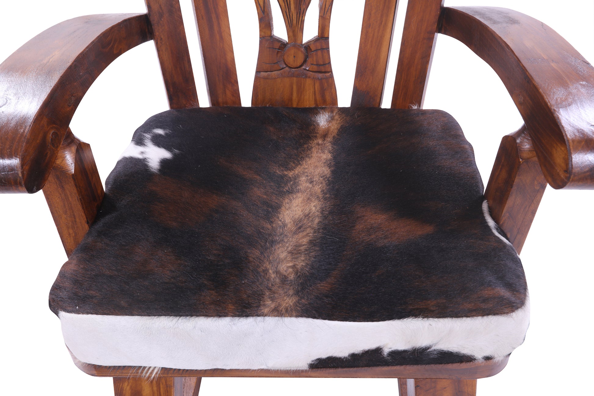 Wooden Rocking Chair Handcarved Back Sunflower Removable Hair-On Cowhide Pillow - Golden Nile