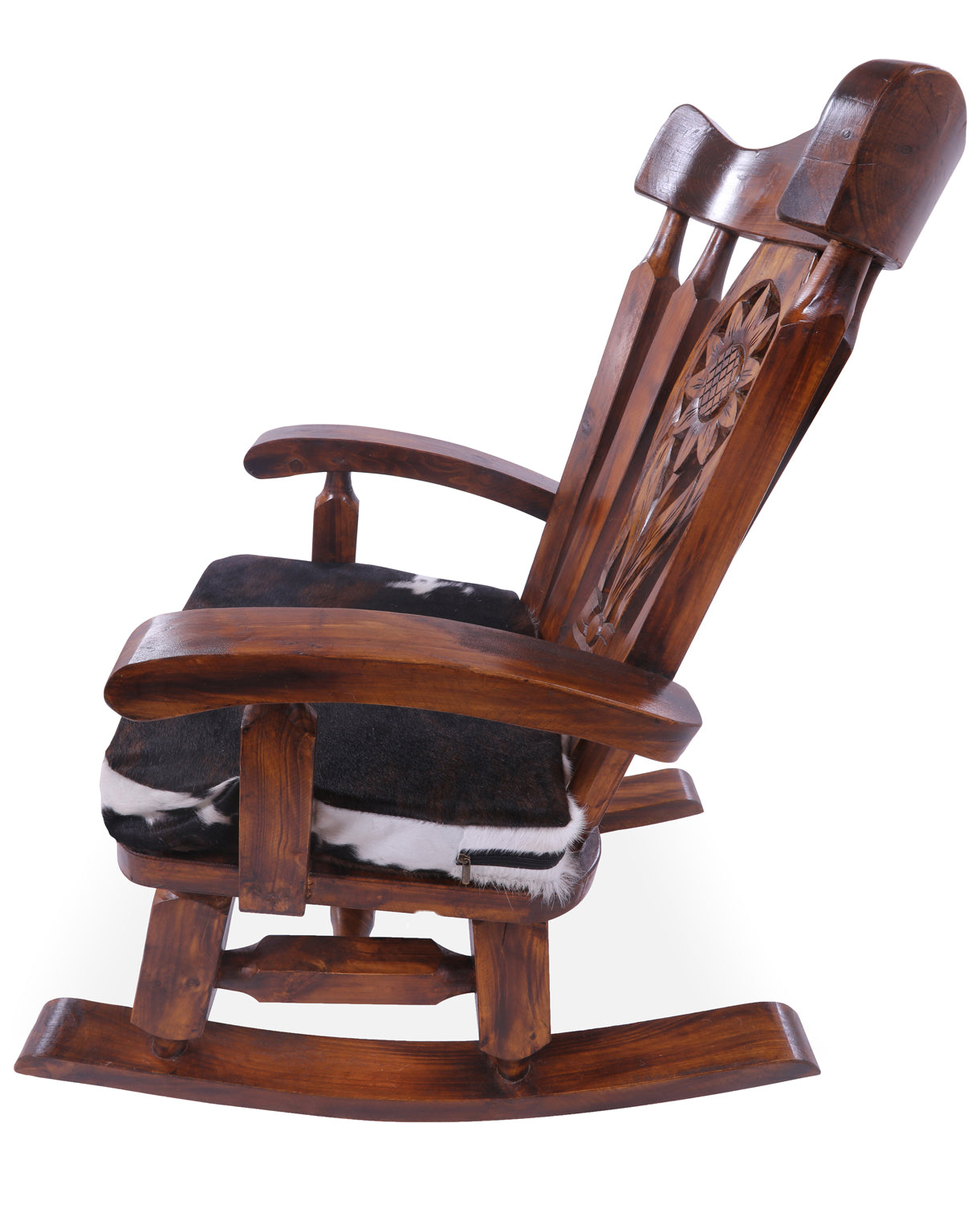 Wooden Rocking Chair Handcarved Back Sunflower Removable Hair-On Cowhide Pillow - Golden Nile