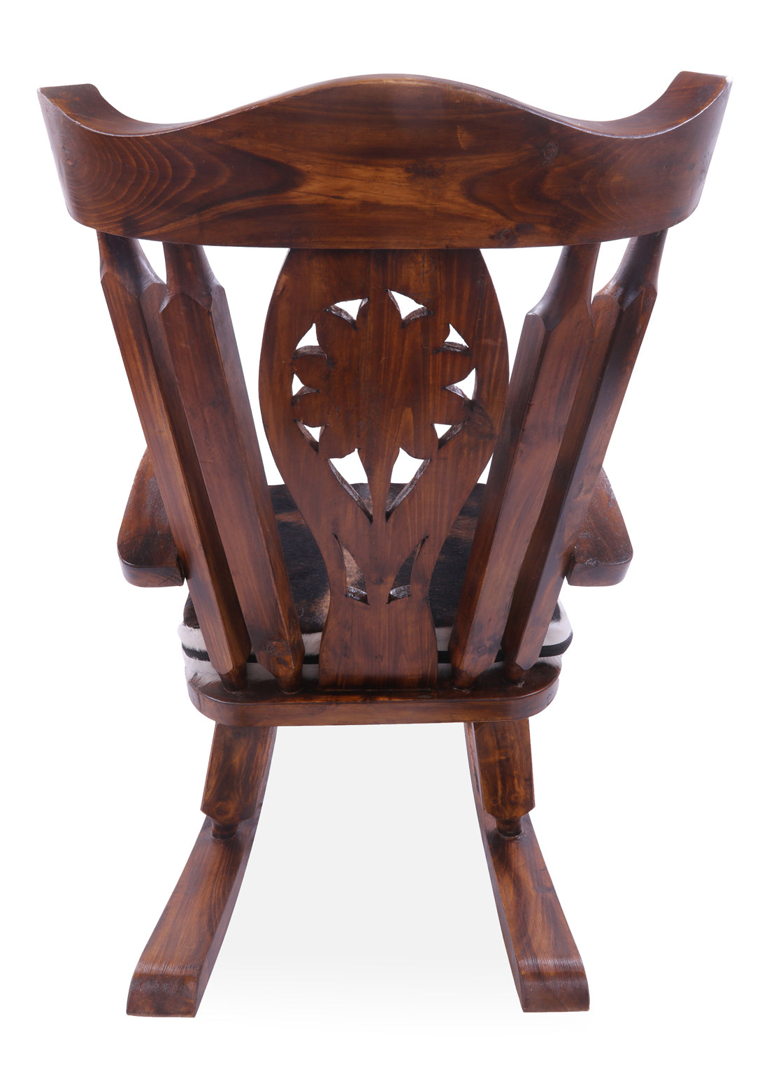 Wooden Rocking Chair Handcarved Back Sunflower Removable Hair-On Cowhide Pillow - Golden Nile