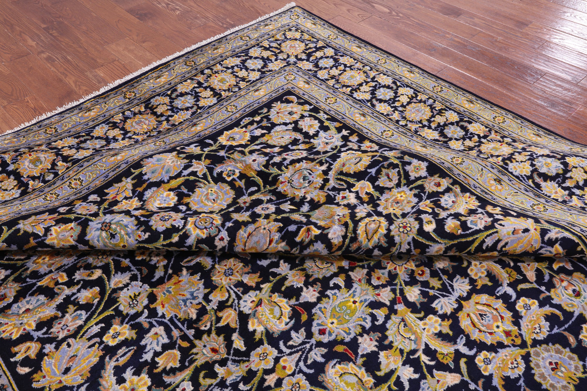 Blue New Persian Kashan Handmade Wool Rug - 9' 9" X 13' 0" - Golden Nile