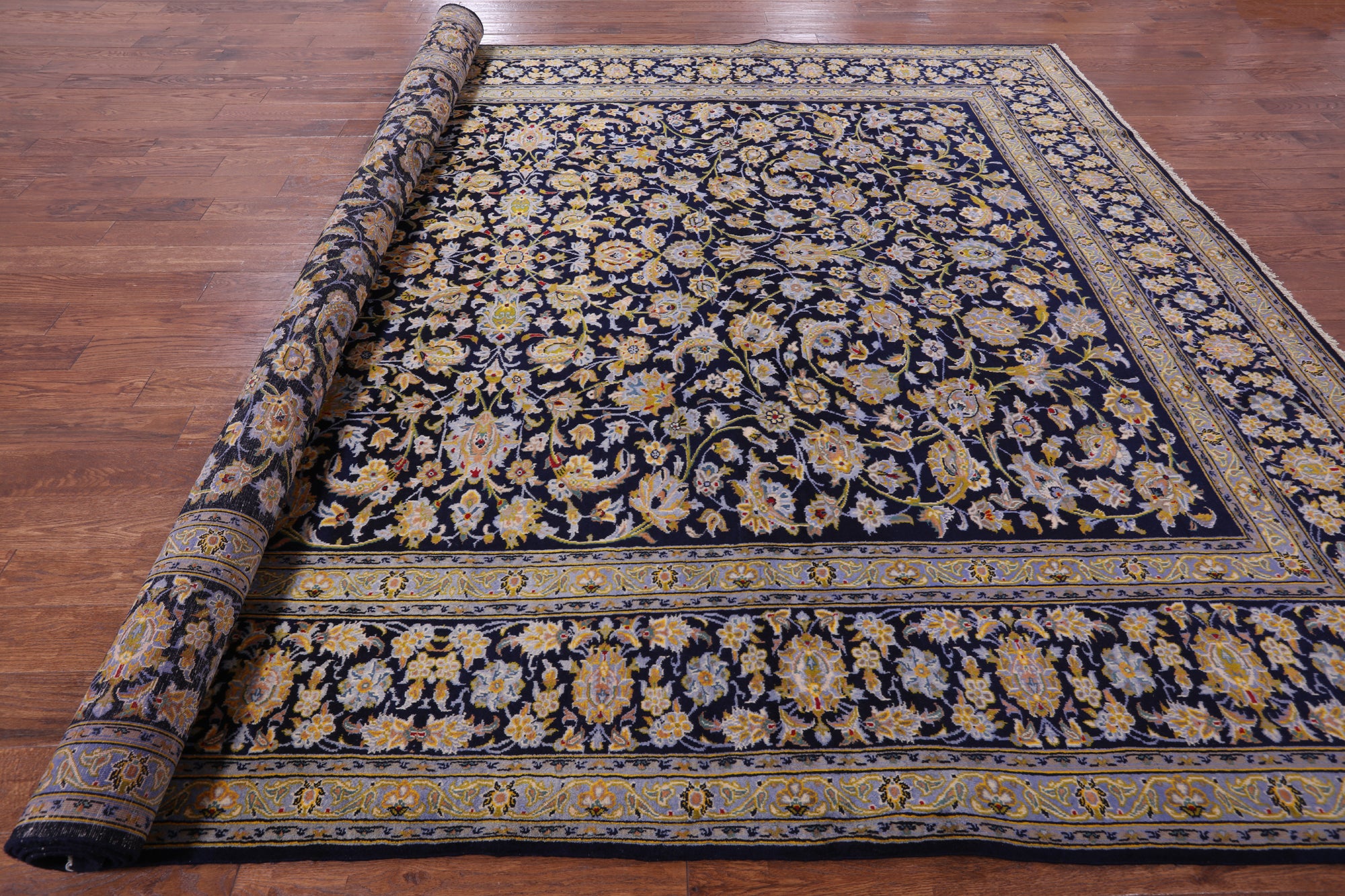 Blue New Persian Kashan Handmade Wool Rug - 9' 9" X 13' 0" - Golden Nile