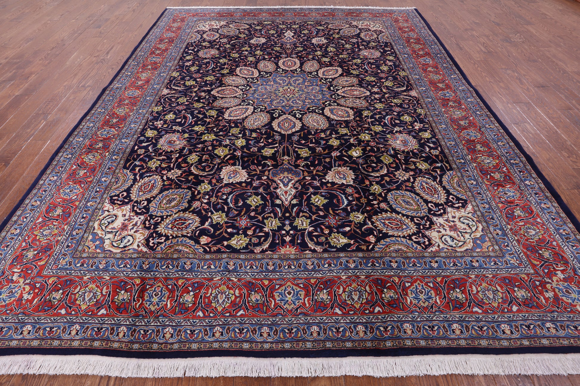 Blue New Authentic Persian Sarouk Hand Knotted Wool Rug - 9' 1" X 12' 0" - Golden Nile