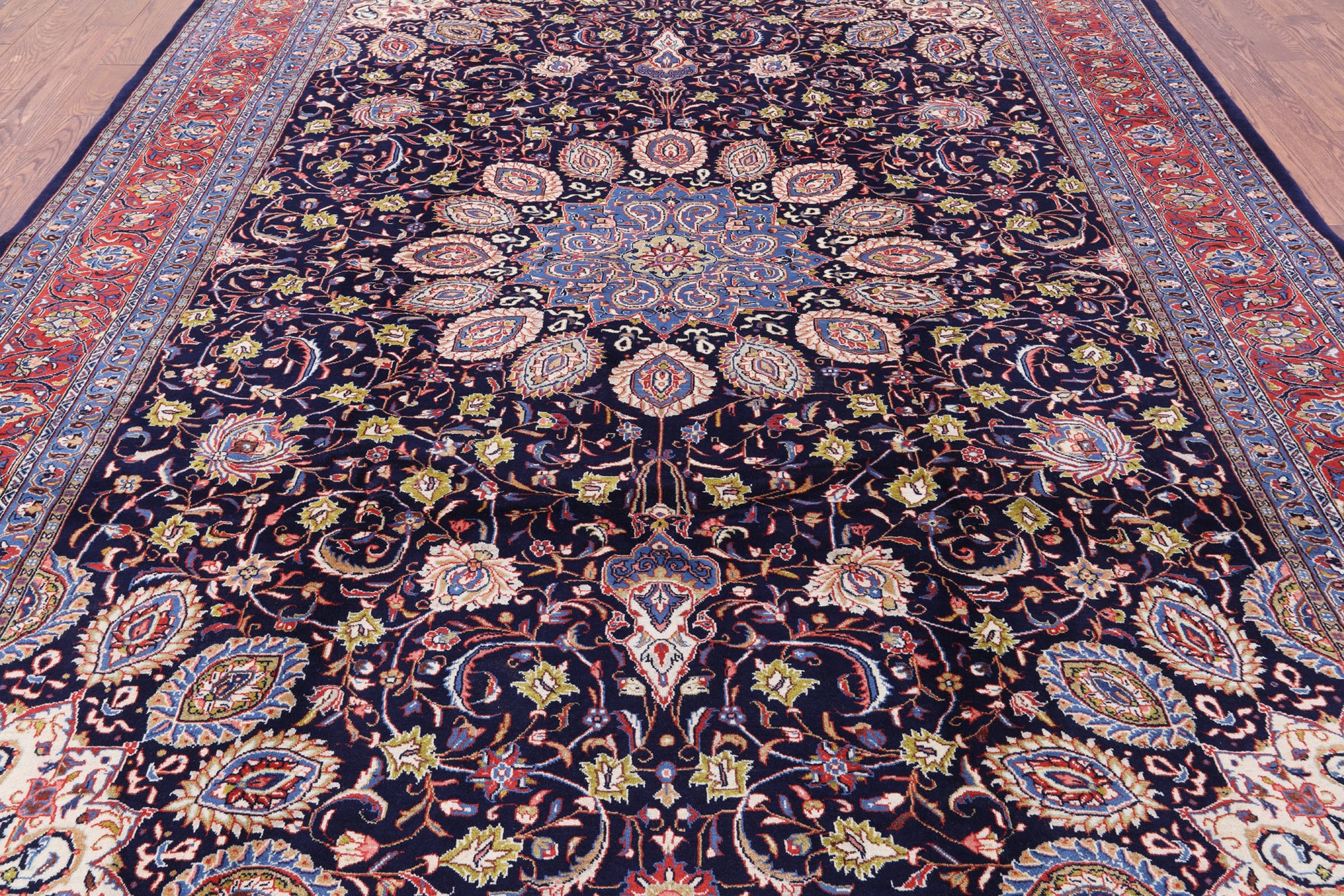Blue New Authentic Persian Sarouk Hand Knotted Wool Rug - 9' 1" X 12' 0" - Golden Nile