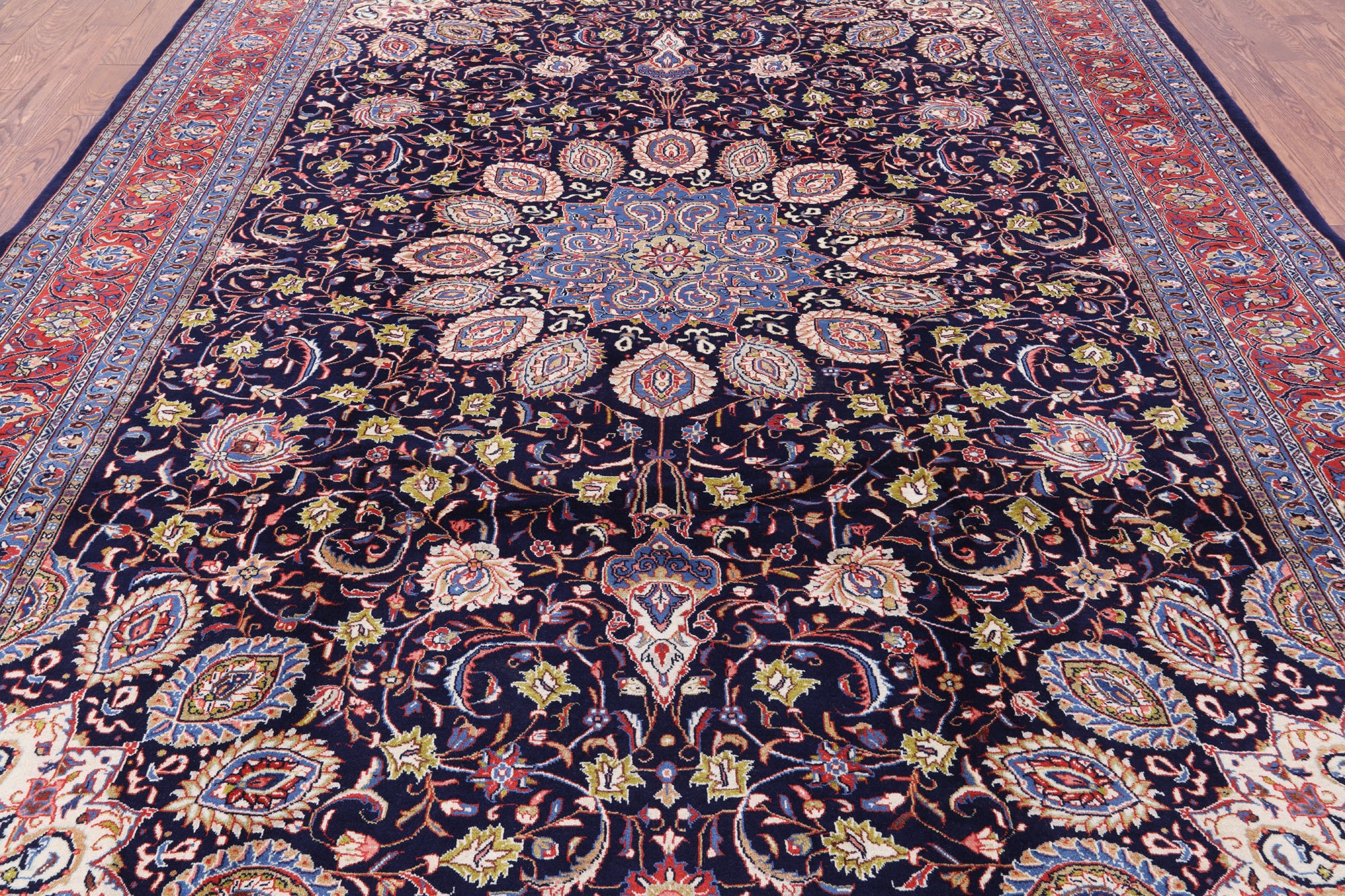 Blue New Authentic Persian Sarouk Hand Knotted Wool Rug - 9' 1" X 12' 0" - Golden Nile