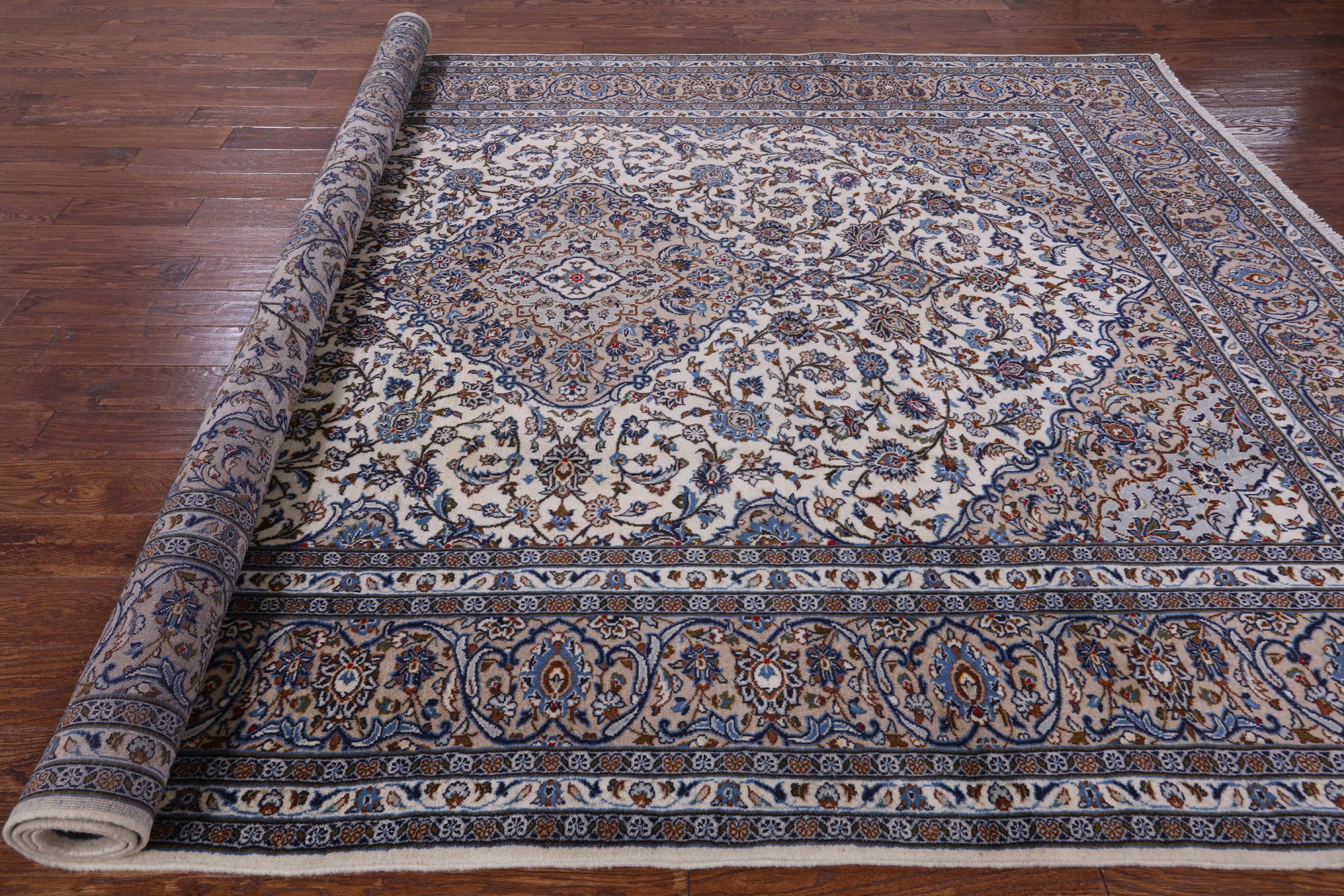 Ivory New Persian Kashan Handmade Area Rug - 8' 2" X 11' 7" - Golden Nile