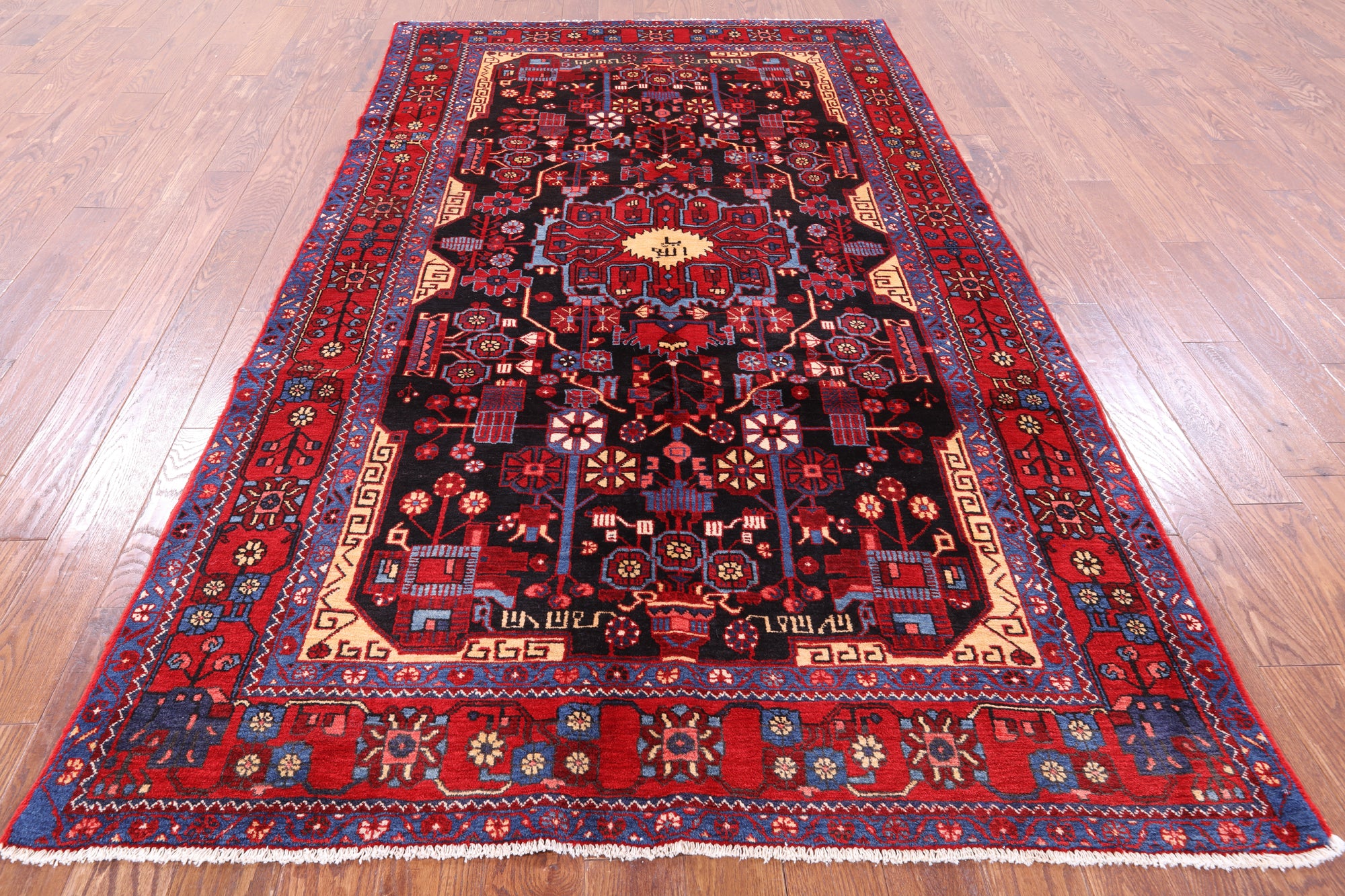 Black New Tribal Persian Nahavand Hand Knotted Rug - 5' 8" X 9' 10" - Golden Nile