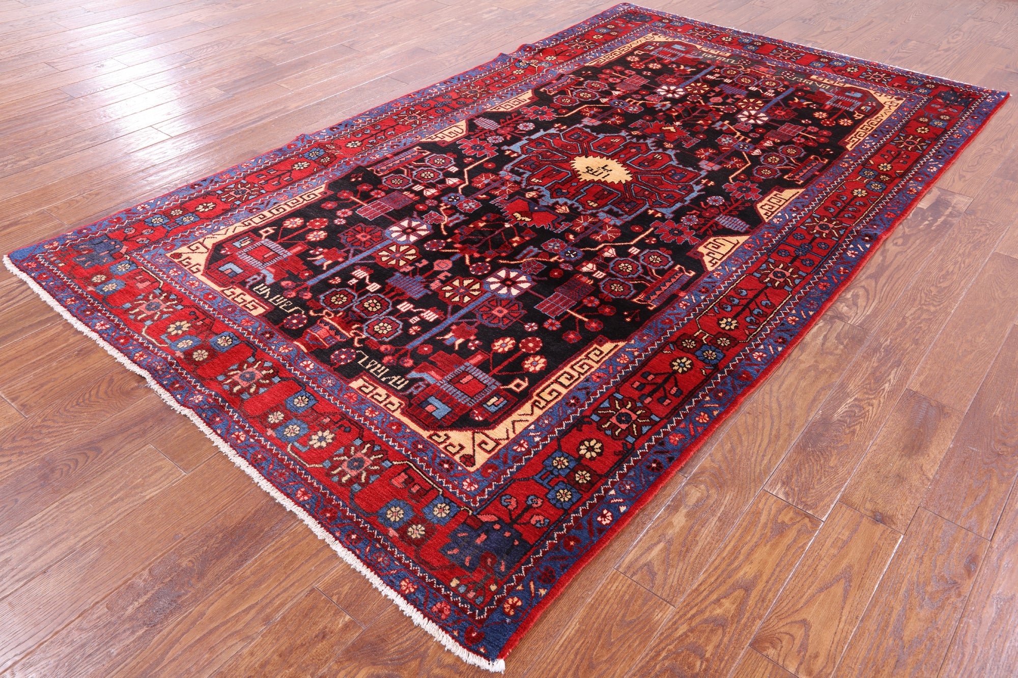Black New Tribal Persian Nahavand Hand Knotted Rug - 5' 8" X 9' 10" - Golden Nile