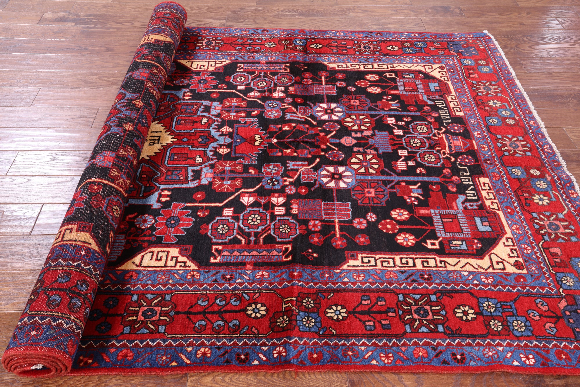 Black New Tribal Persian Nahavand Hand Knotted Rug - 5' 8" X 9' 10" - Golden Nile