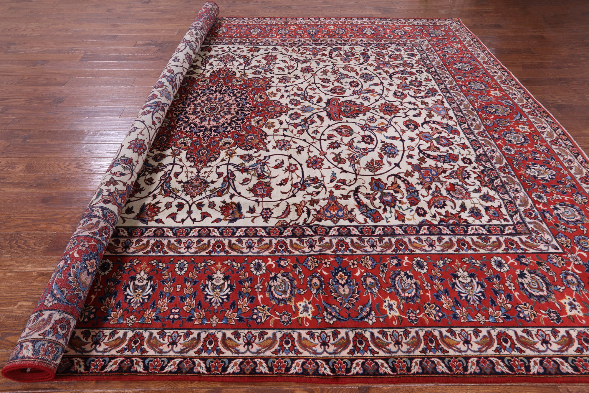 Ivory New Antique Persian Isfahan Excellent Condition Area Rug - 10' 6" X 13' 8" - Golden Nile