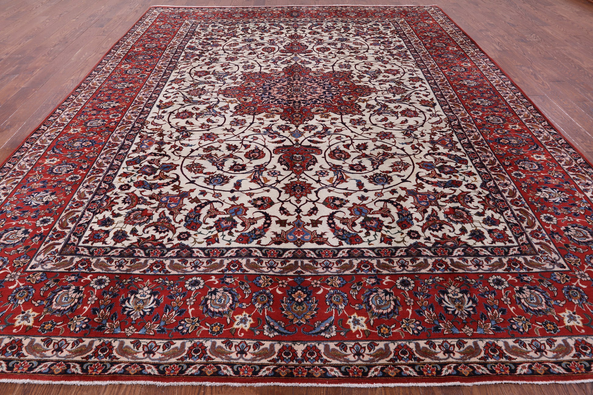 Ivory New Antique Persian Isfahan Excellent Condition Area Rug - 10' 6" X 13' 8" - Golden Nile