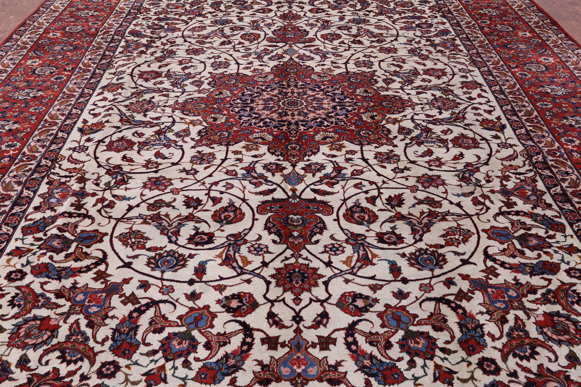 Ivory New Antique Persian Isfahan Excellent Condition Area Rug - 10' 6" X 13' 8" - Golden Nile