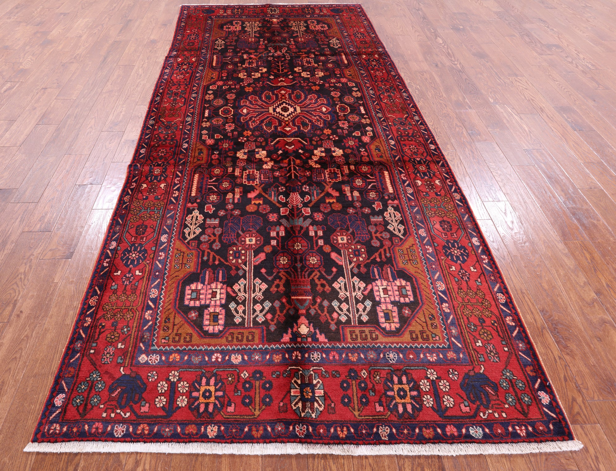 Black New Authentic Persian Nahavand Hand Knotted Rug - 5' 5" X 12' 2" - Golden Nile