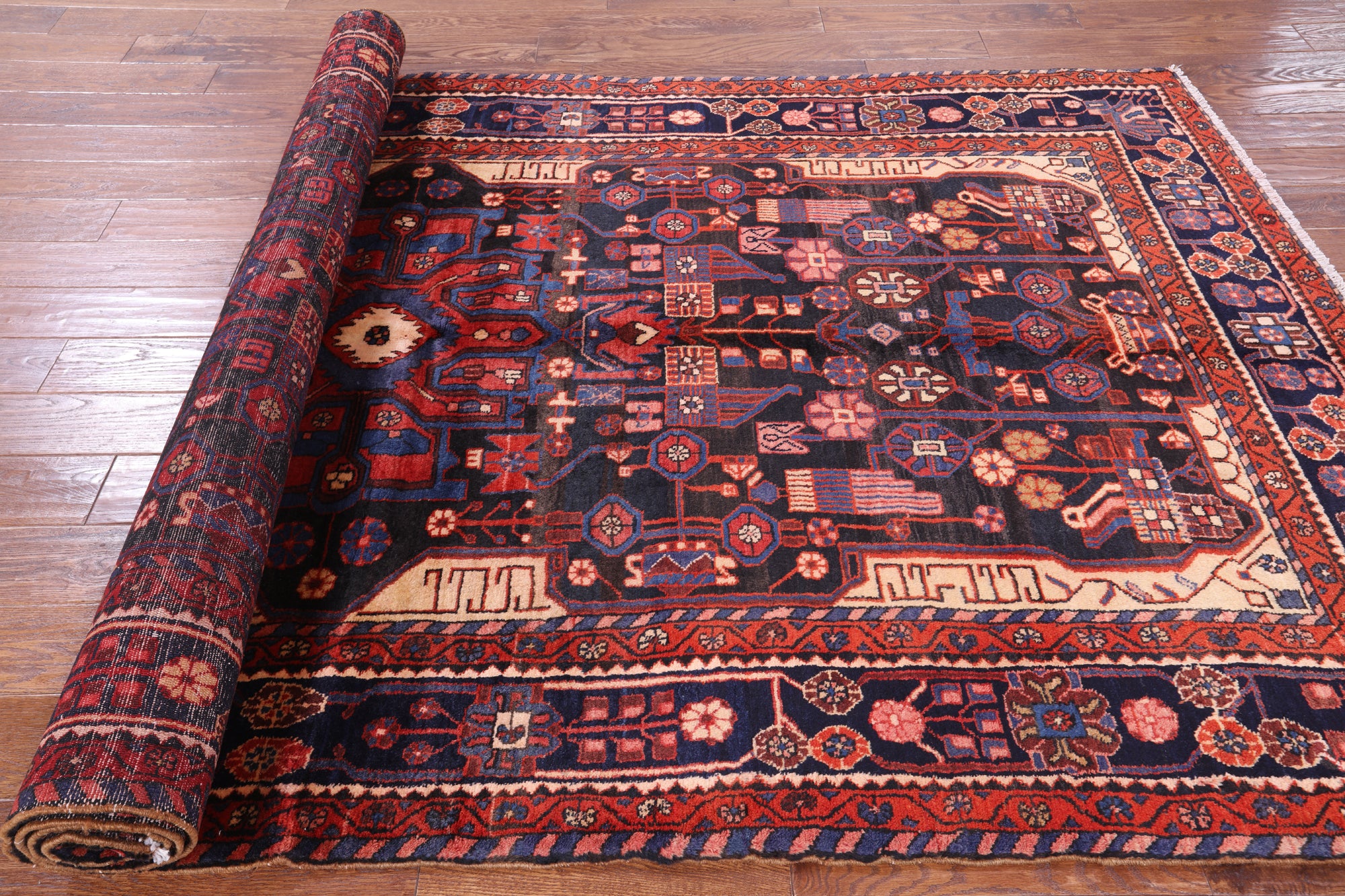 Black New Persian Nahavand Hand Knotted Rug - 5' 7" X 10' 1" - Golden Nile