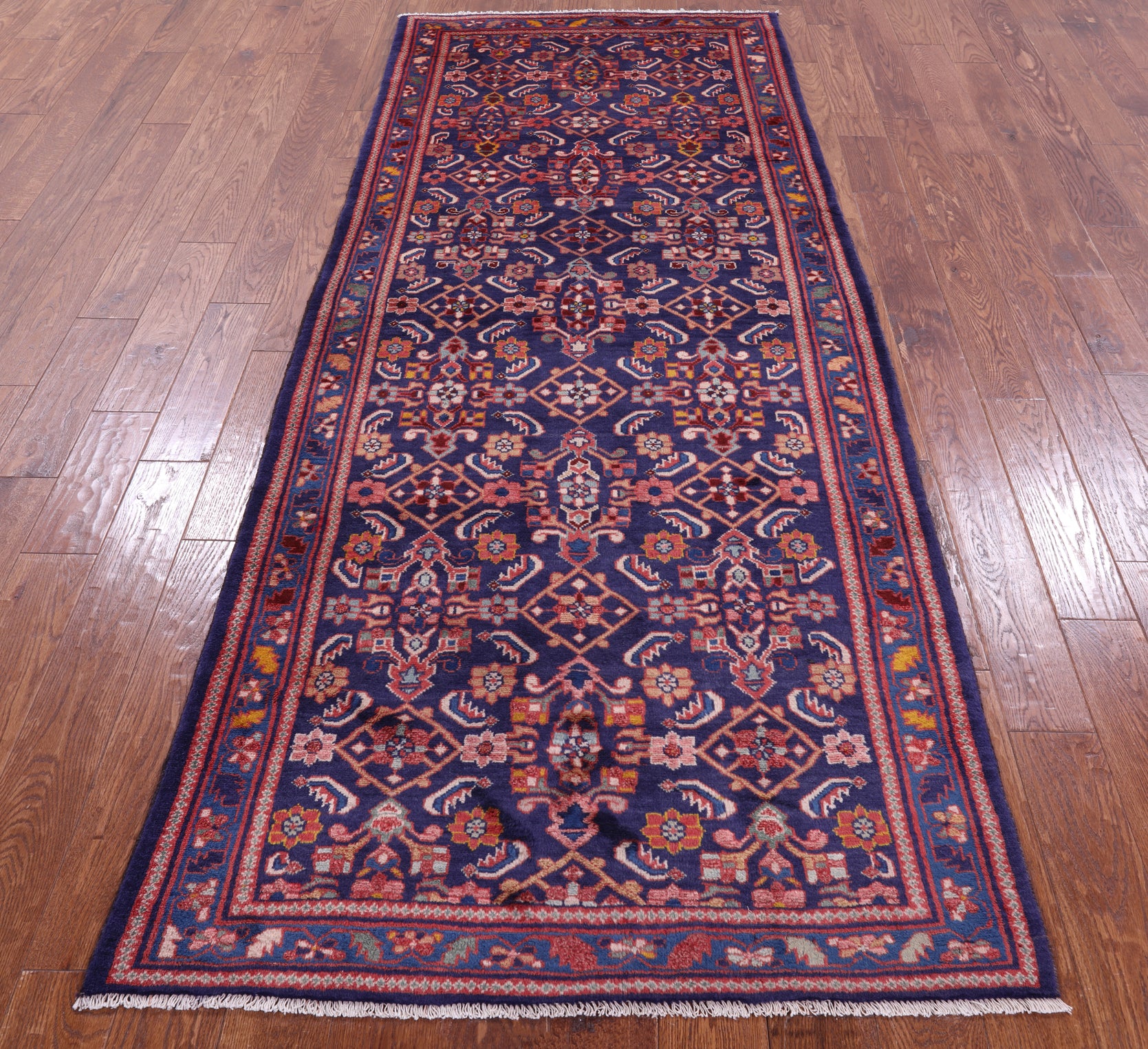 Blue New Authentic Persian Hamadan Hand Knotted Runner Rug - 3' 10" X 9' 6" - Golden Nile