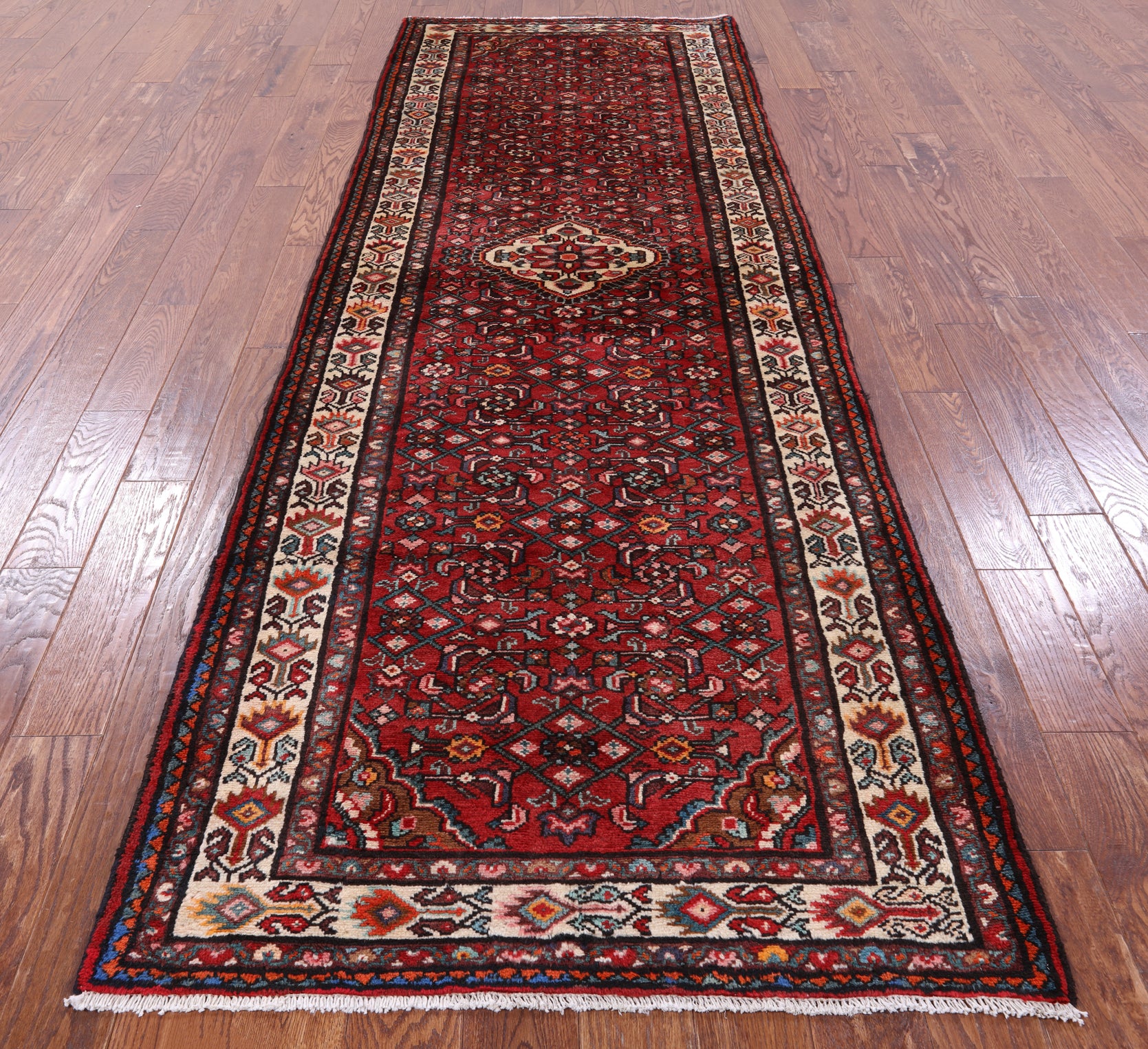 Red New Authentic Persian Hamadan Runner Rug - 3' 8" X 11' 1" - Golden Nile